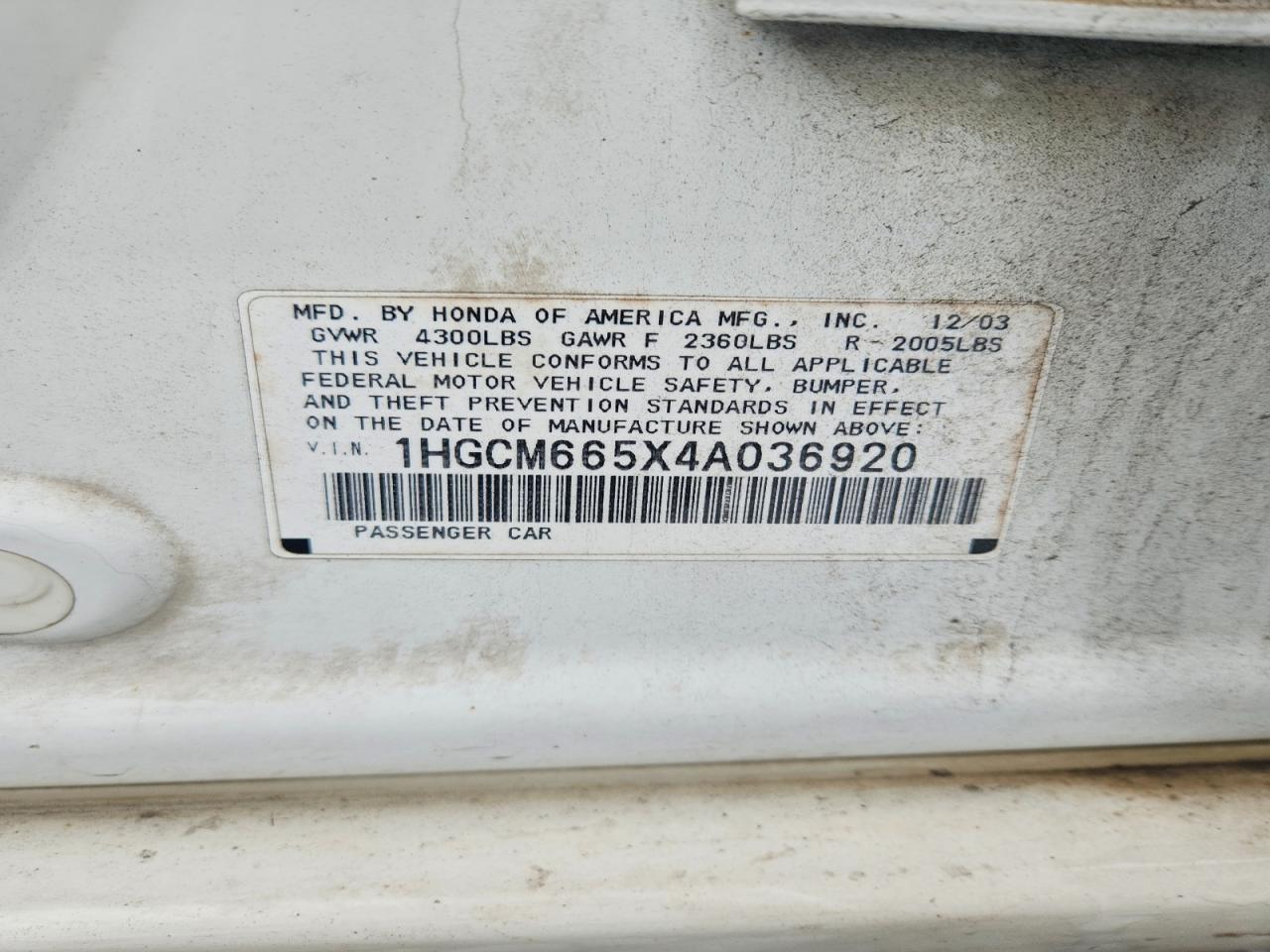 2004 Honda Accord Ex White vin: 1HGCM665X4A036920