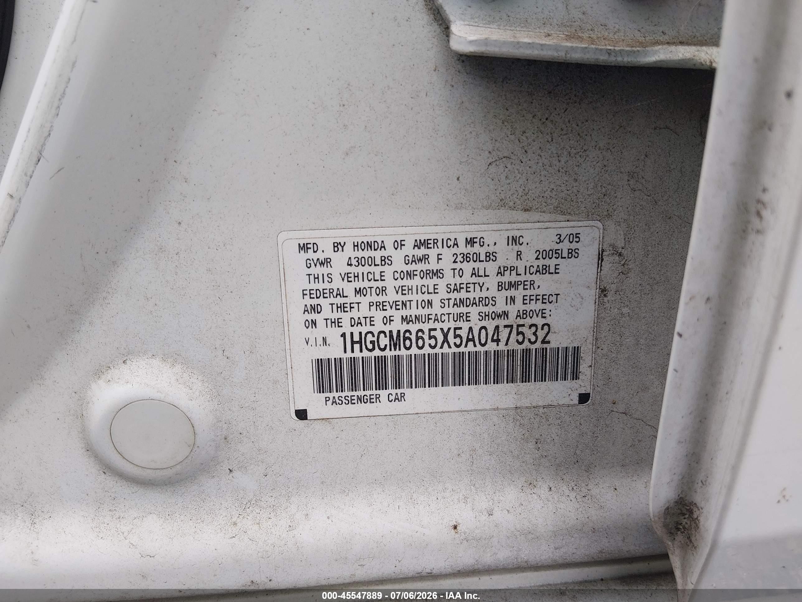 2005 Honda Accord 3.0 Ex White vin: 1HGCM665X5A047532