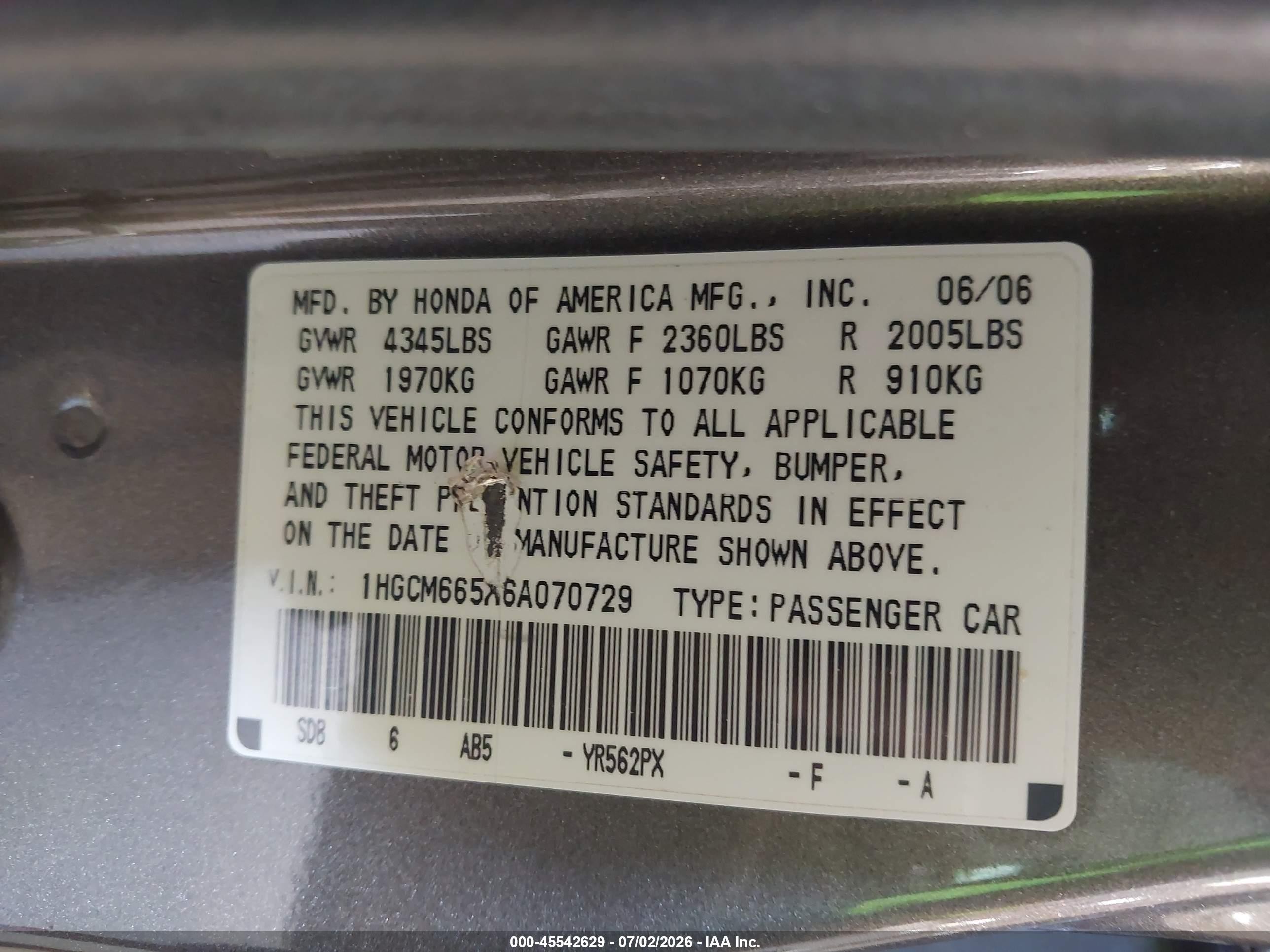 2006 Honda Accord 3.0 Ex Brown vin: 1HGCM665X6A070729