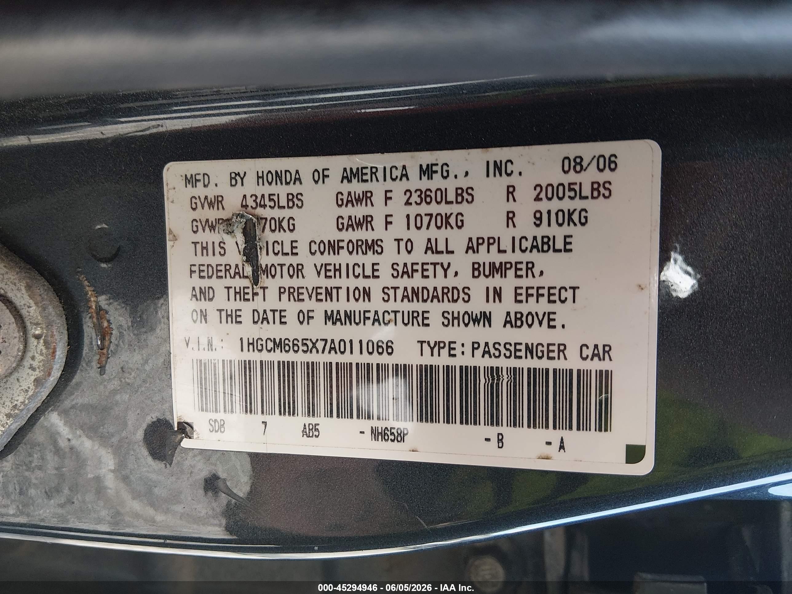 2007 Honda Accord 3.0 Ex Blue vin: 1HGCM665X7A011066