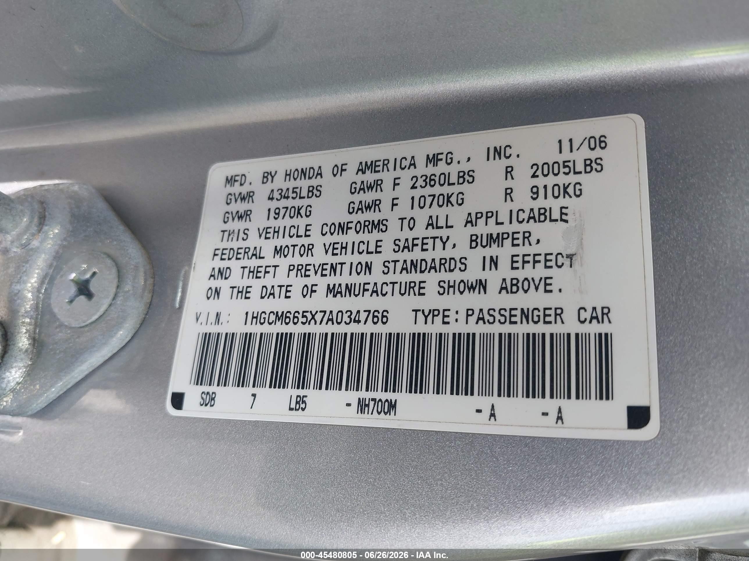 2007 Honda Accord 3.0 Ex Silver vin: 1HGCM665X7A034766