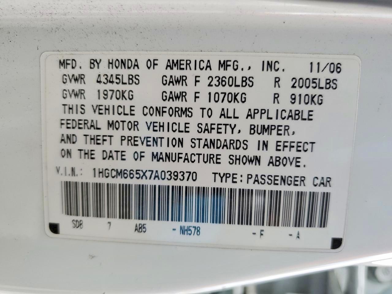2007 Honda Accord Ex White vin: 1HGCM665X7A039370
