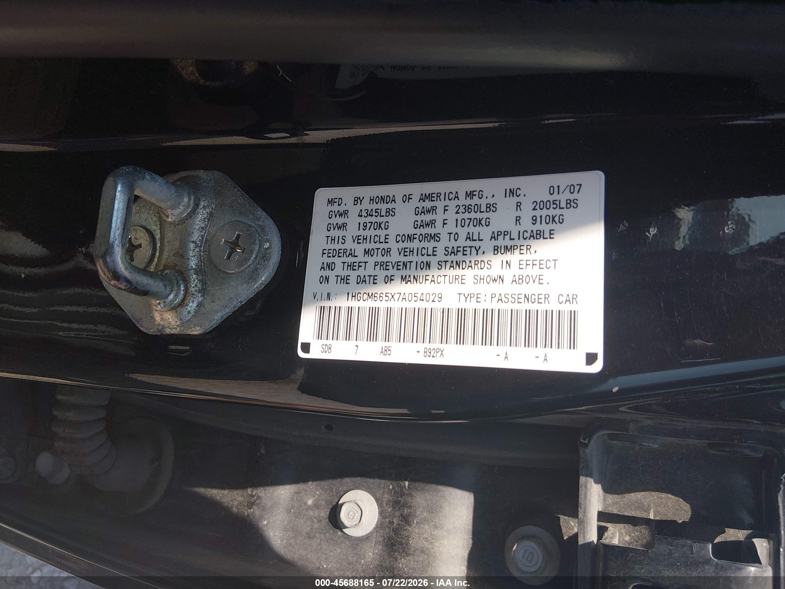 2007 Honda Accord 3.0 Ex Black vin: 1HGCM665X7A054029