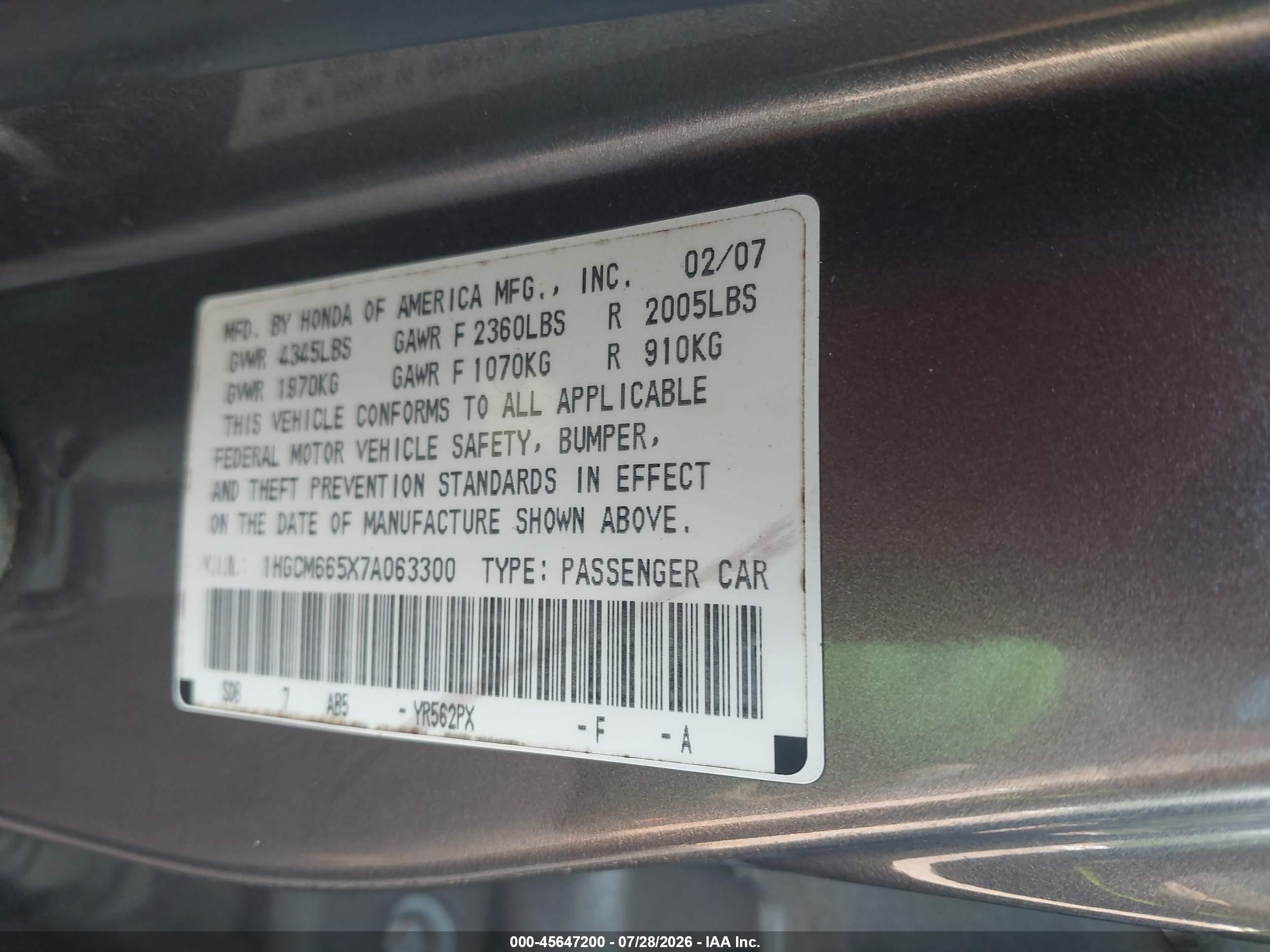 2007 Honda Accord 3.0 Ex Gray vin: 1HGCM665X7A063300