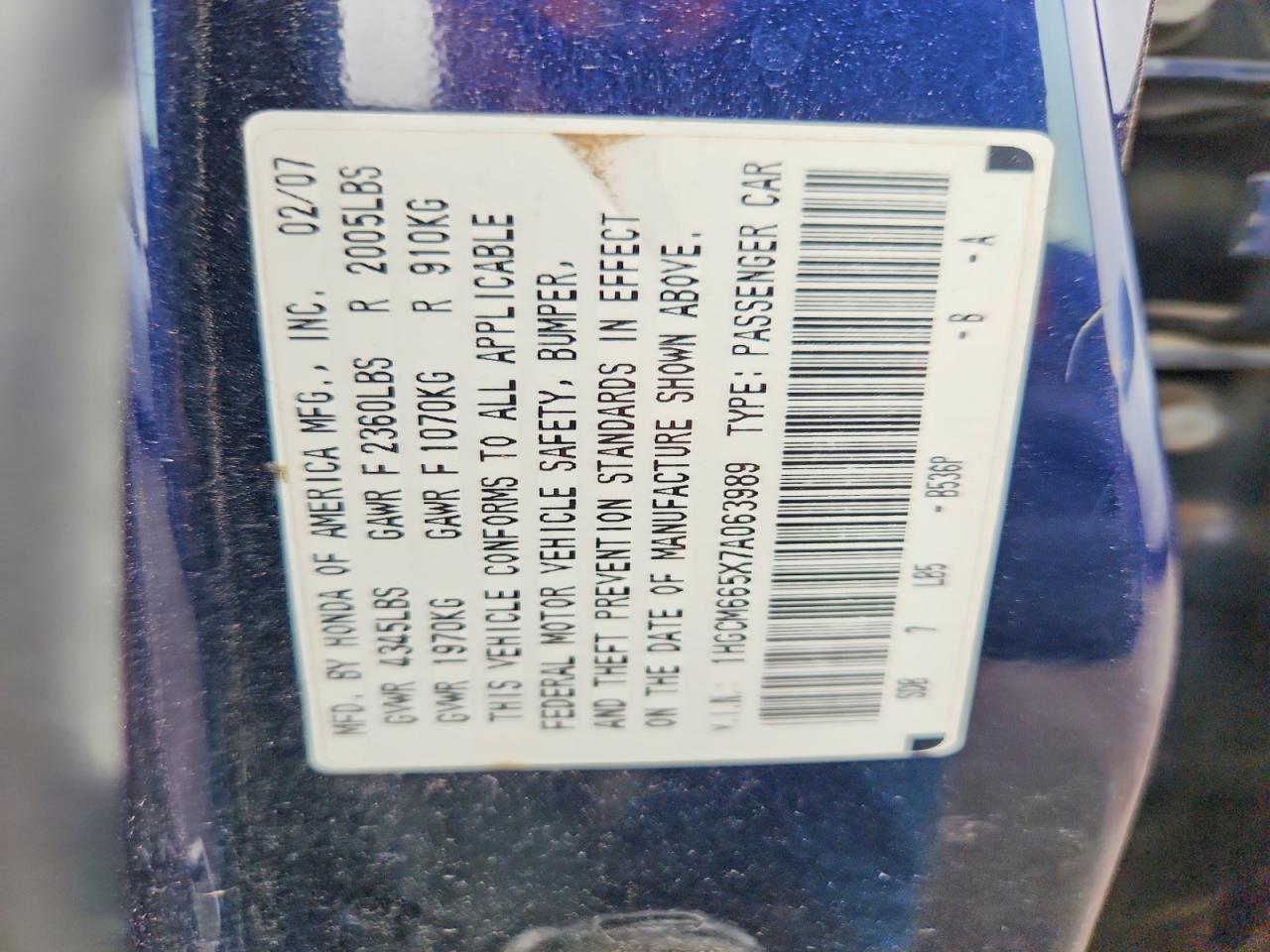 2007 Honda Accord Ex Blue vin: 1HGCM665X7A063989