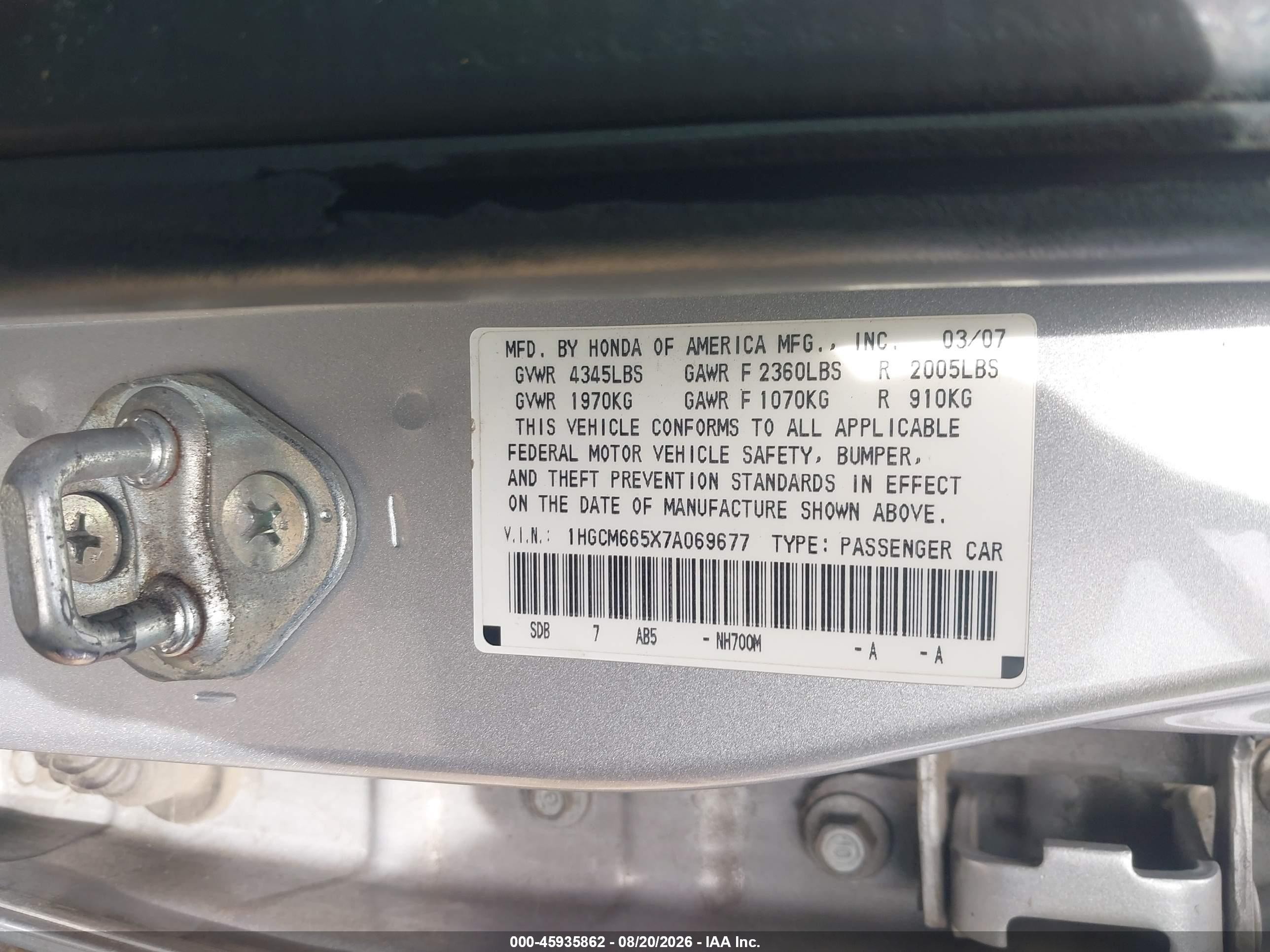 2007 Honda Accord 3.0 Ex Silver vin: 1HGCM665X7A069677