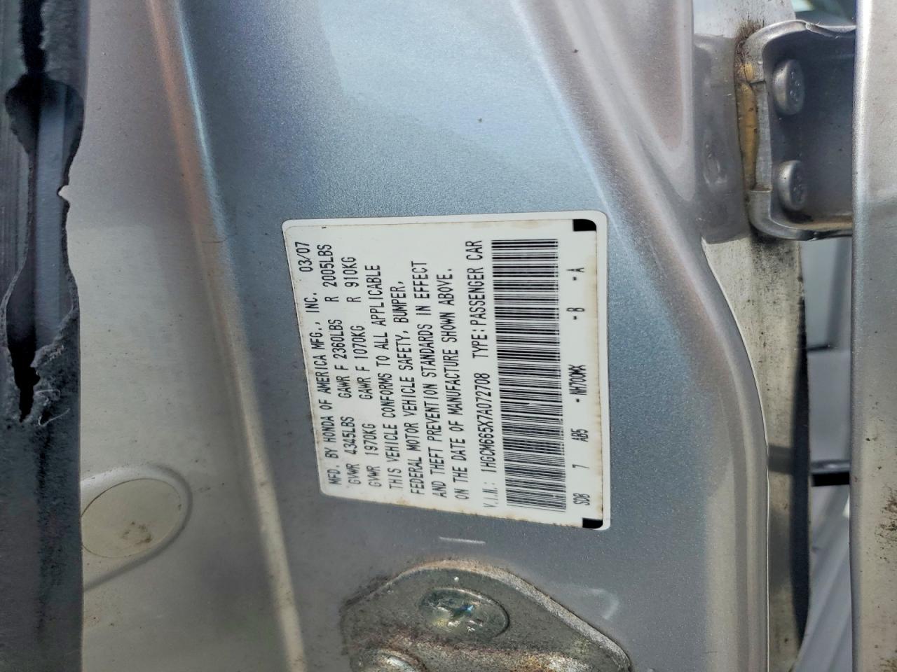 2007 Honda Accord Ex Серебряный vin: 1HGCM665X7A072708