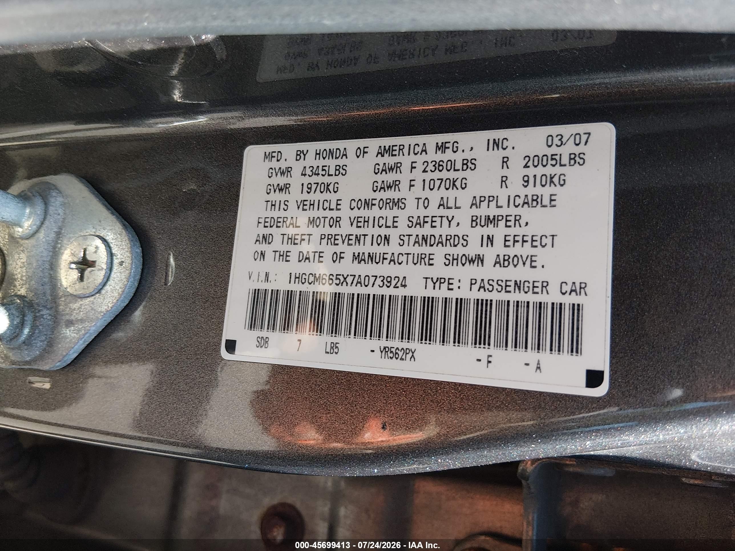 2007 Honda Accord 3.0 Ex Champagne vin: 1HGCM665X7A073924