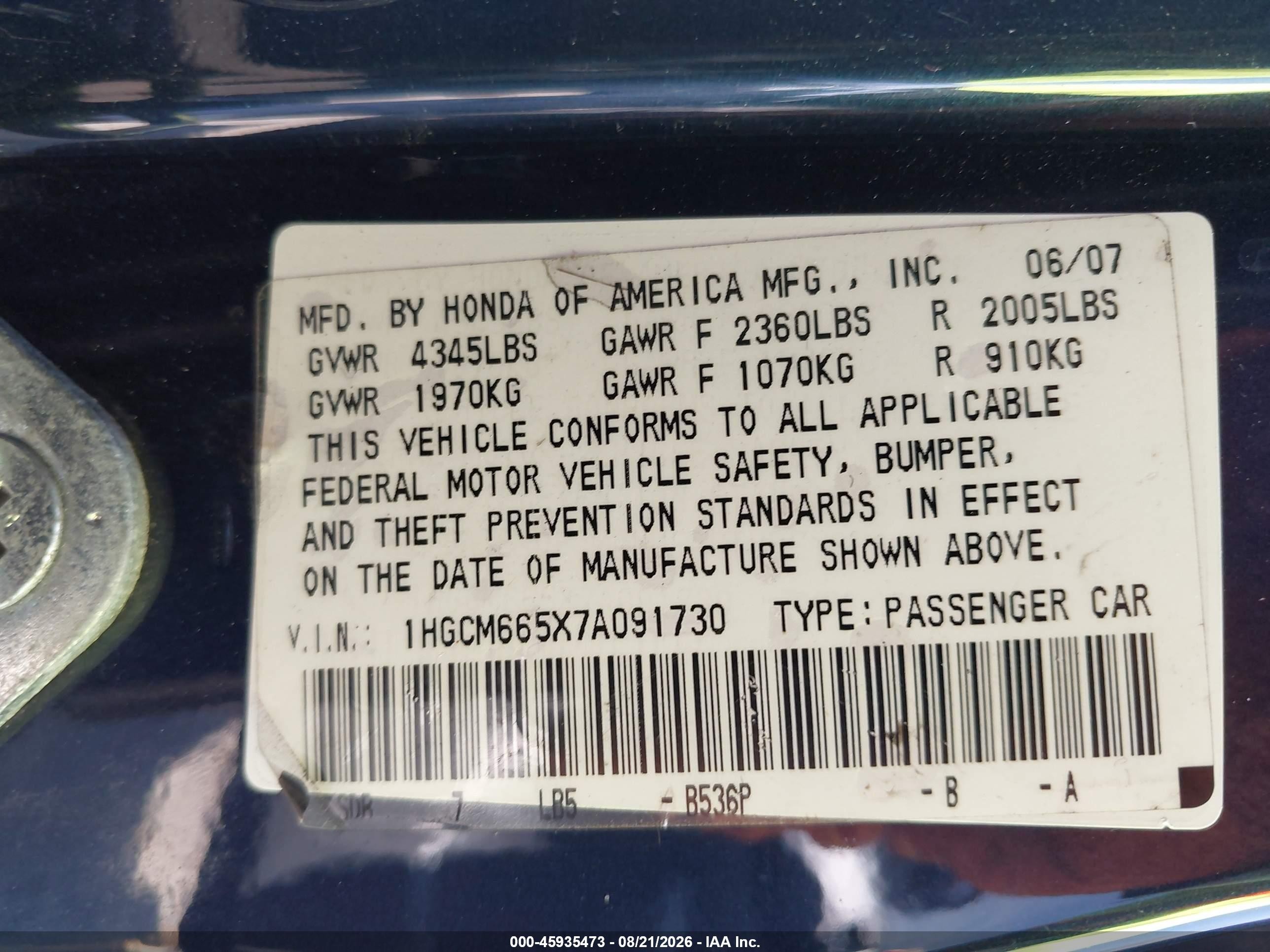2007 Honda Accord 3.0 Ex Blue vin: 1HGCM665X7A091730