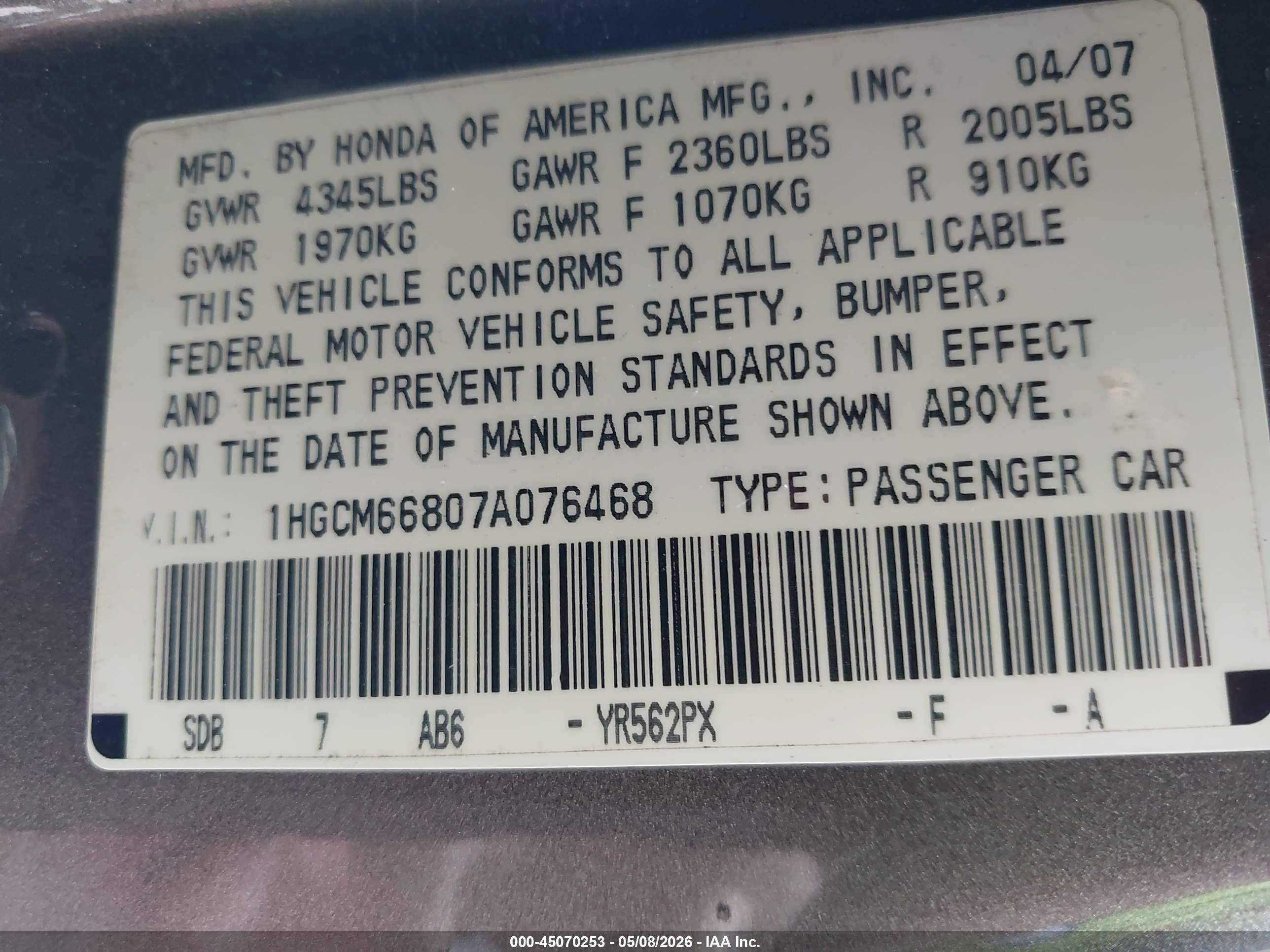 2007 Honda Accord 3.0 Ex Gray vin: 1HGCM66807A076468