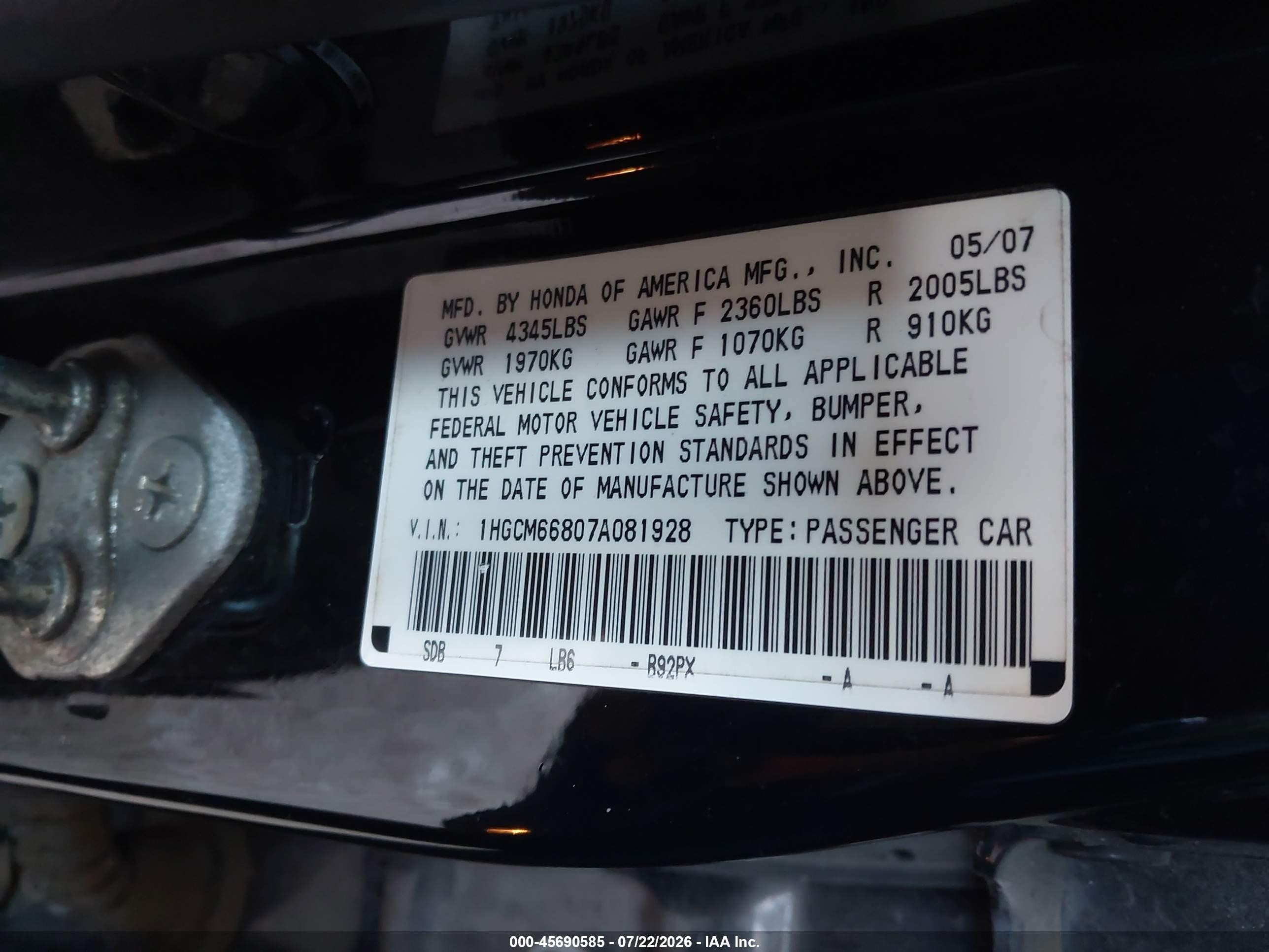 2007 Honda Accord 3.0 Ex Black vin: 1HGCM66807A081928
