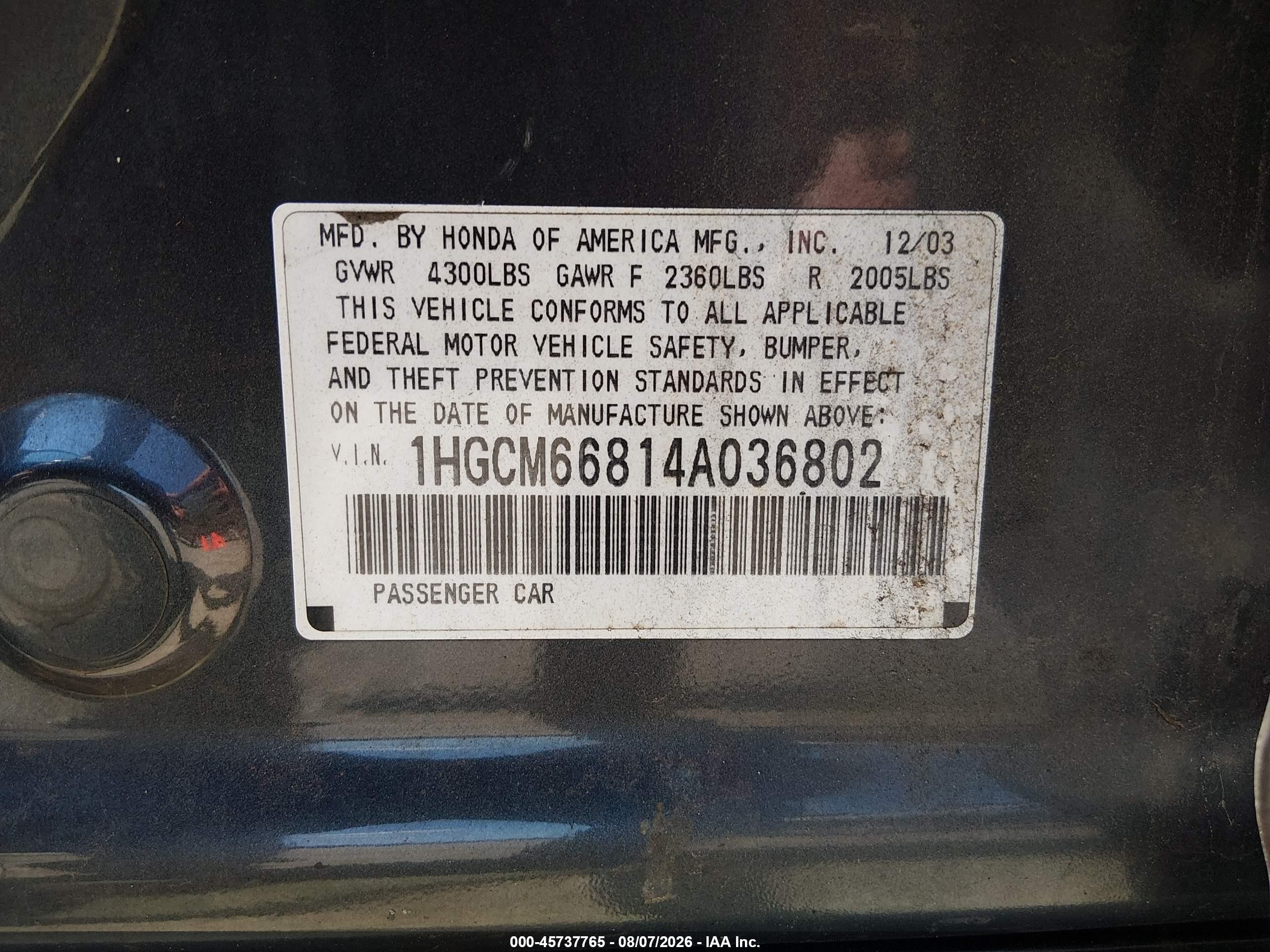 2004 Honda Accord 3.0 Ex Black vin: 1HGCM66814A036802