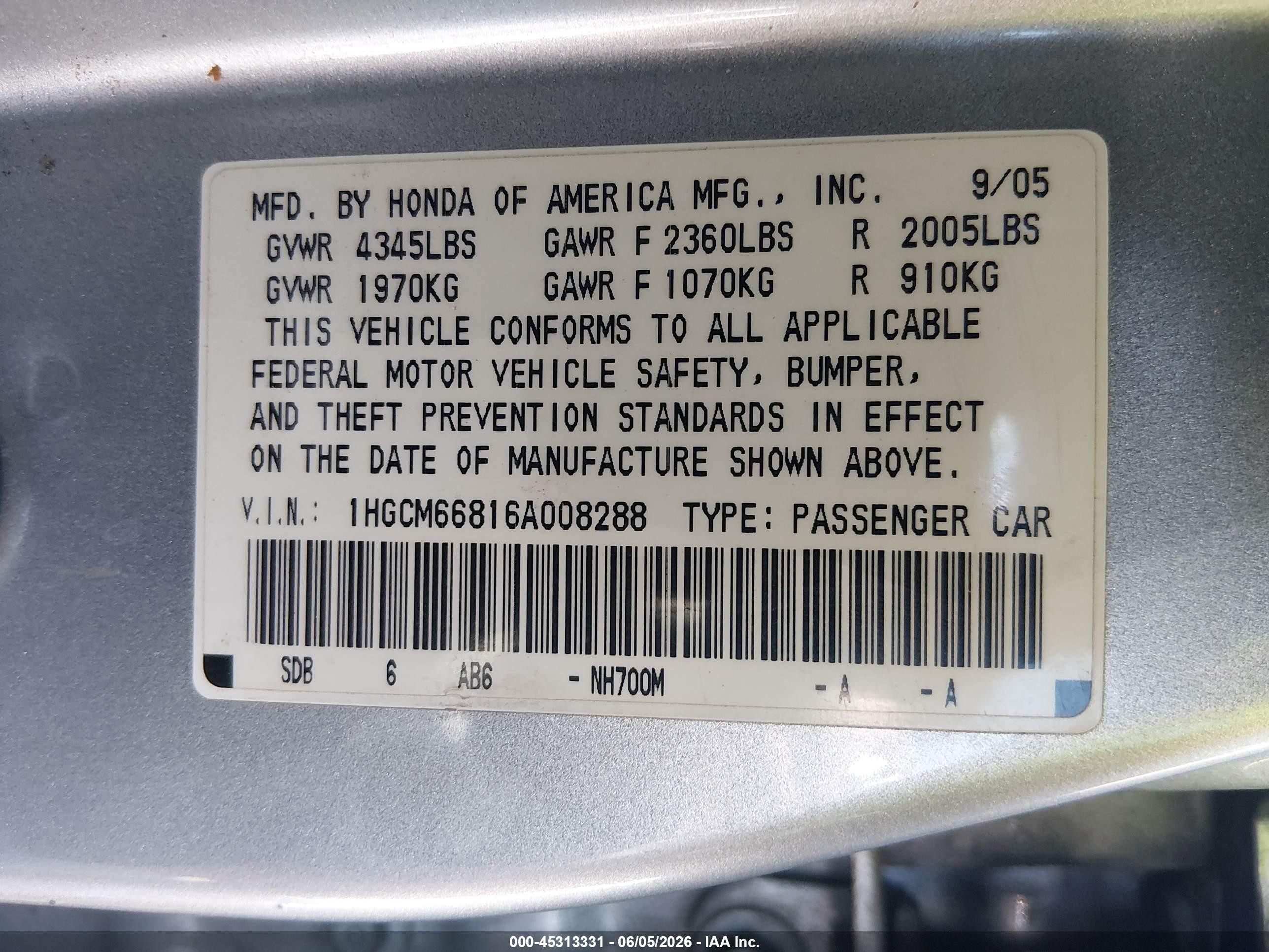 2006 Honda Accord 3.0 Ex Silver vin: 1HGCM66816A008288