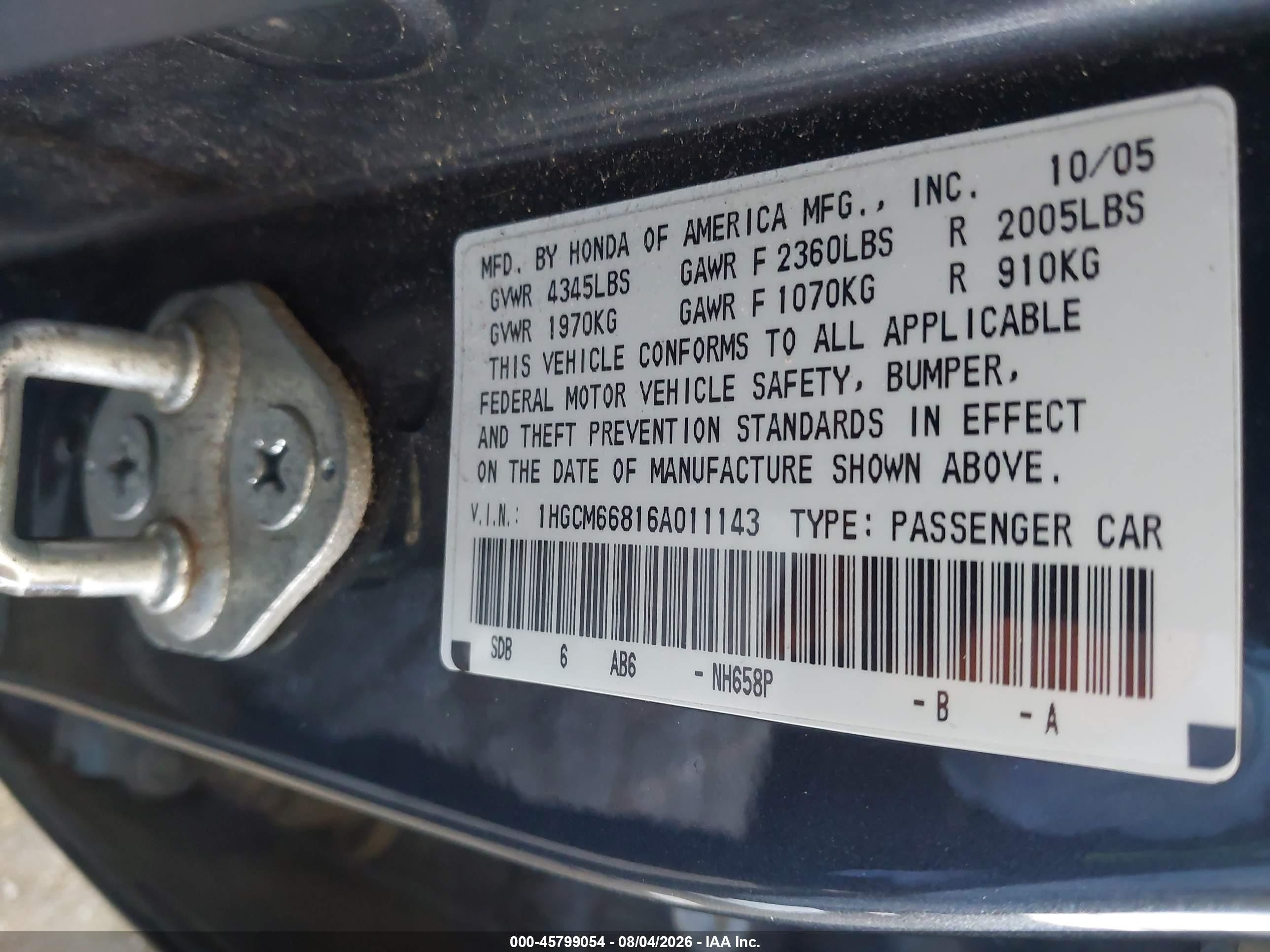 2006 Honda Accord 3.0 Ex Gold vin: 1HGCM66816A011143