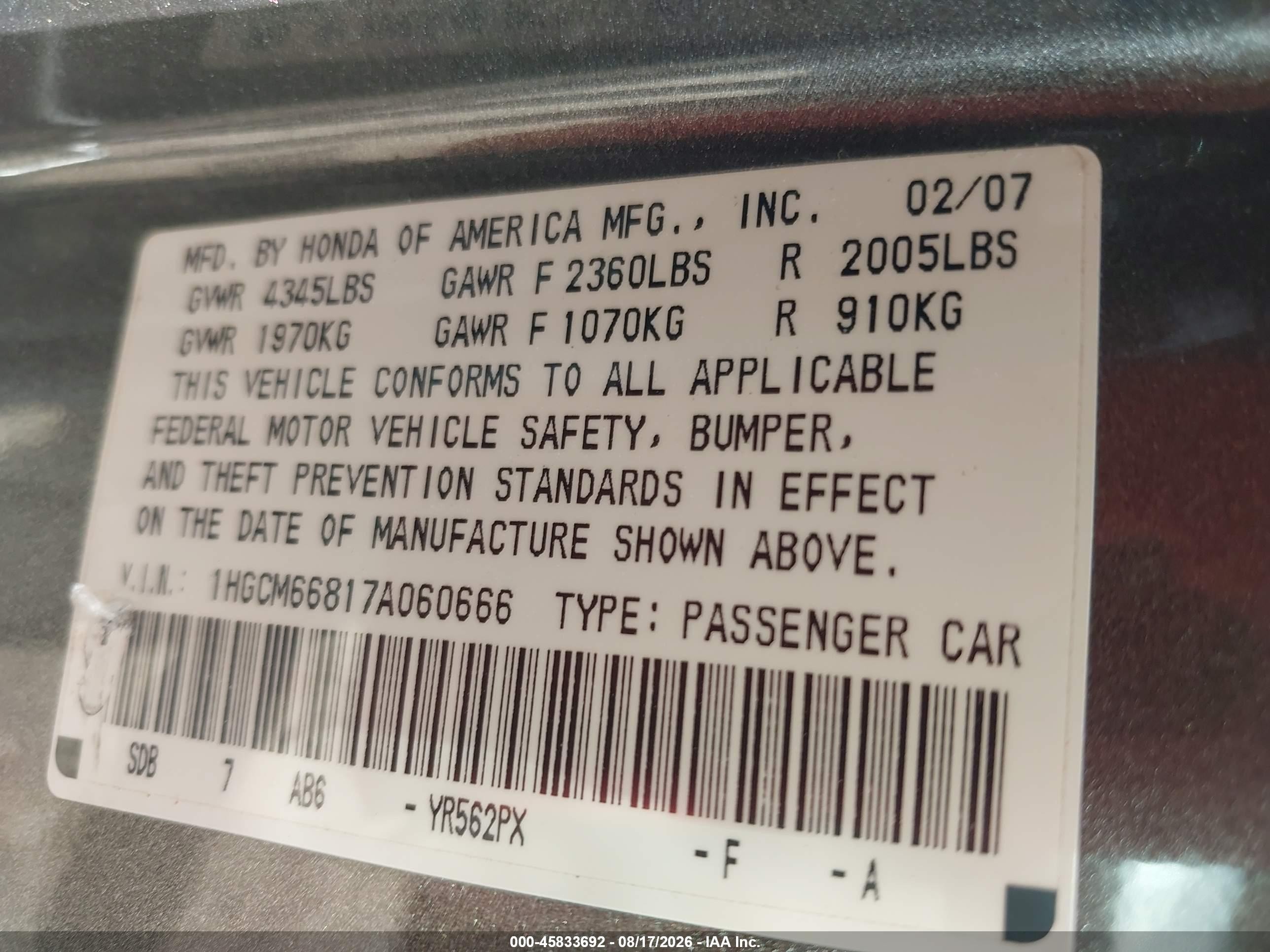 2007 Honda Accord 3.0 Ex Gray vin: 1HGCM66817A060666