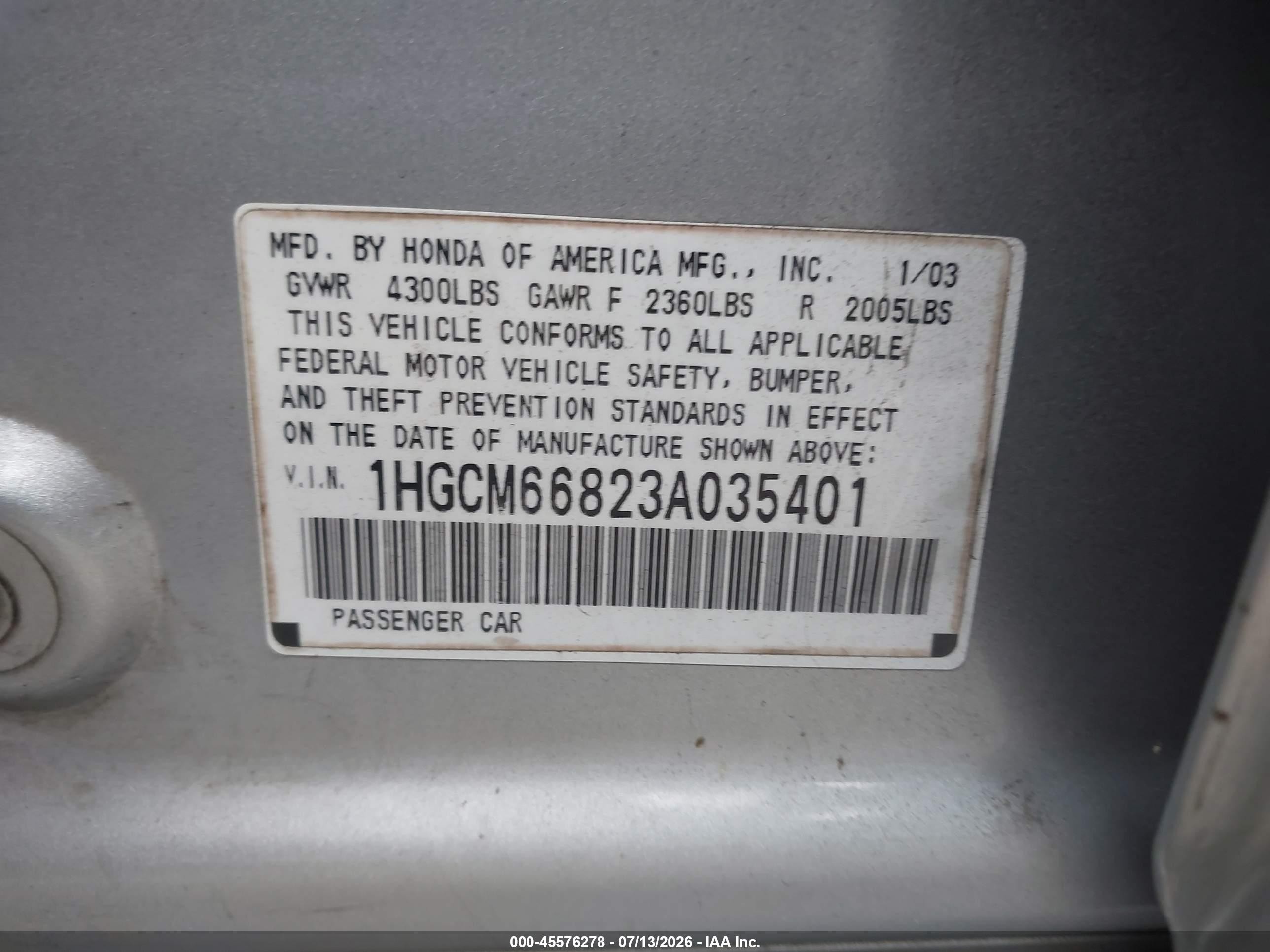 2003 Honda Accord 3.0 Ex Silver vin: 1HGCM66823A035401