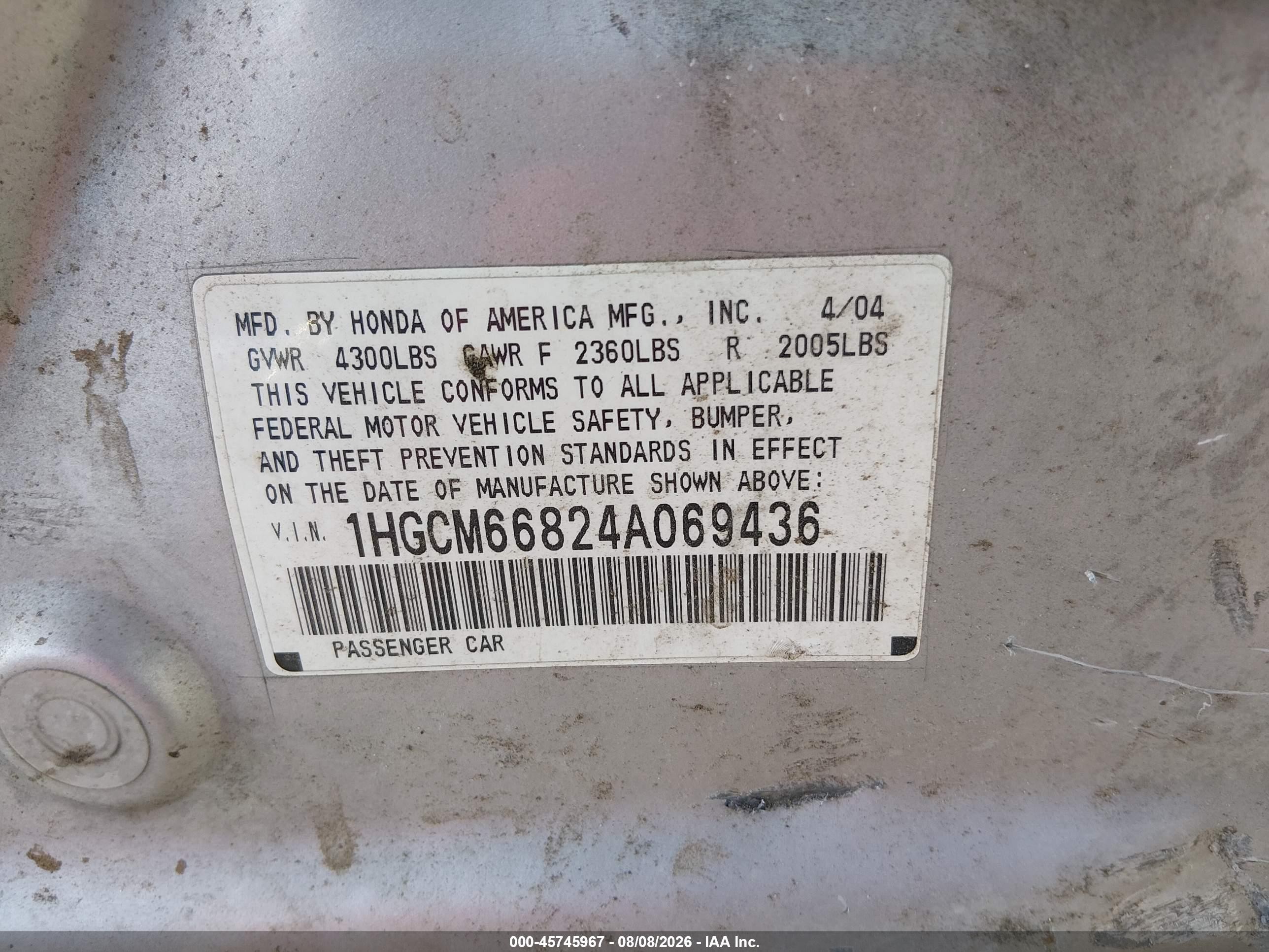 2004 Honda Accord 3.0 Ex Silver vin: 1HGCM66824A069436