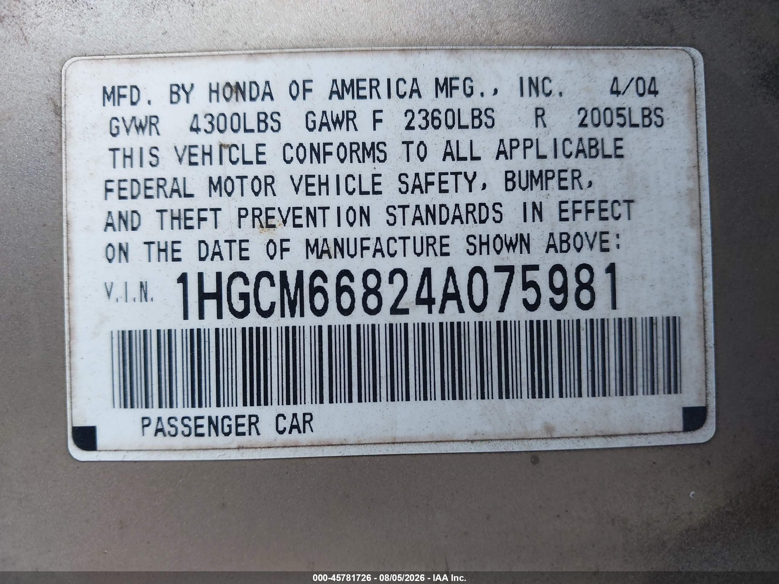 2004 Honda Accord 3.0 Ex Золотой vin: 1HGCM66824A075981