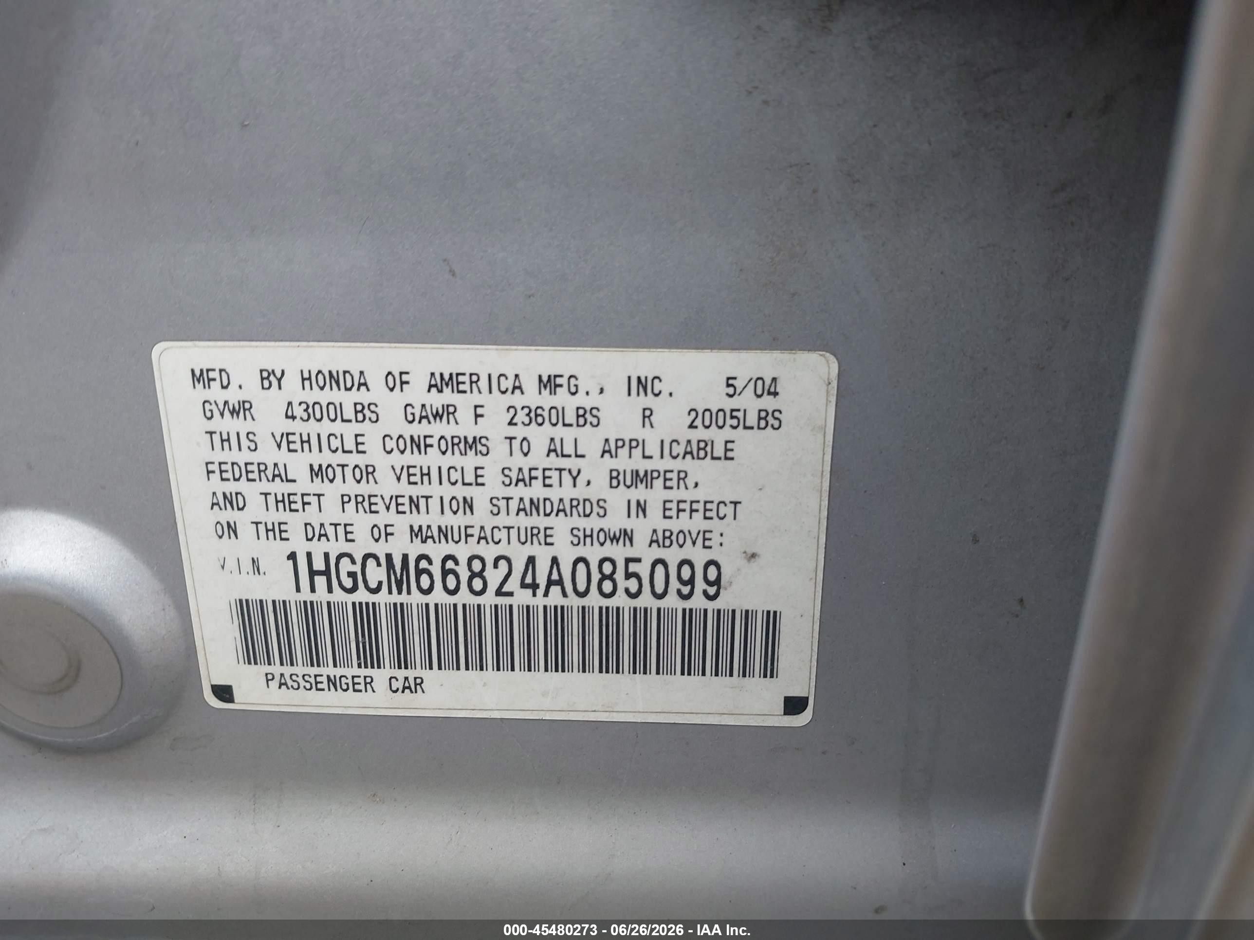 2004 Honda Accord 3.0 Ex Silver vin: 1HGCM66824A085099