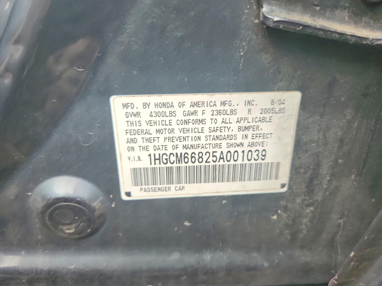 2005 Honda Accord Gray vin: 1HGCM66825A001039