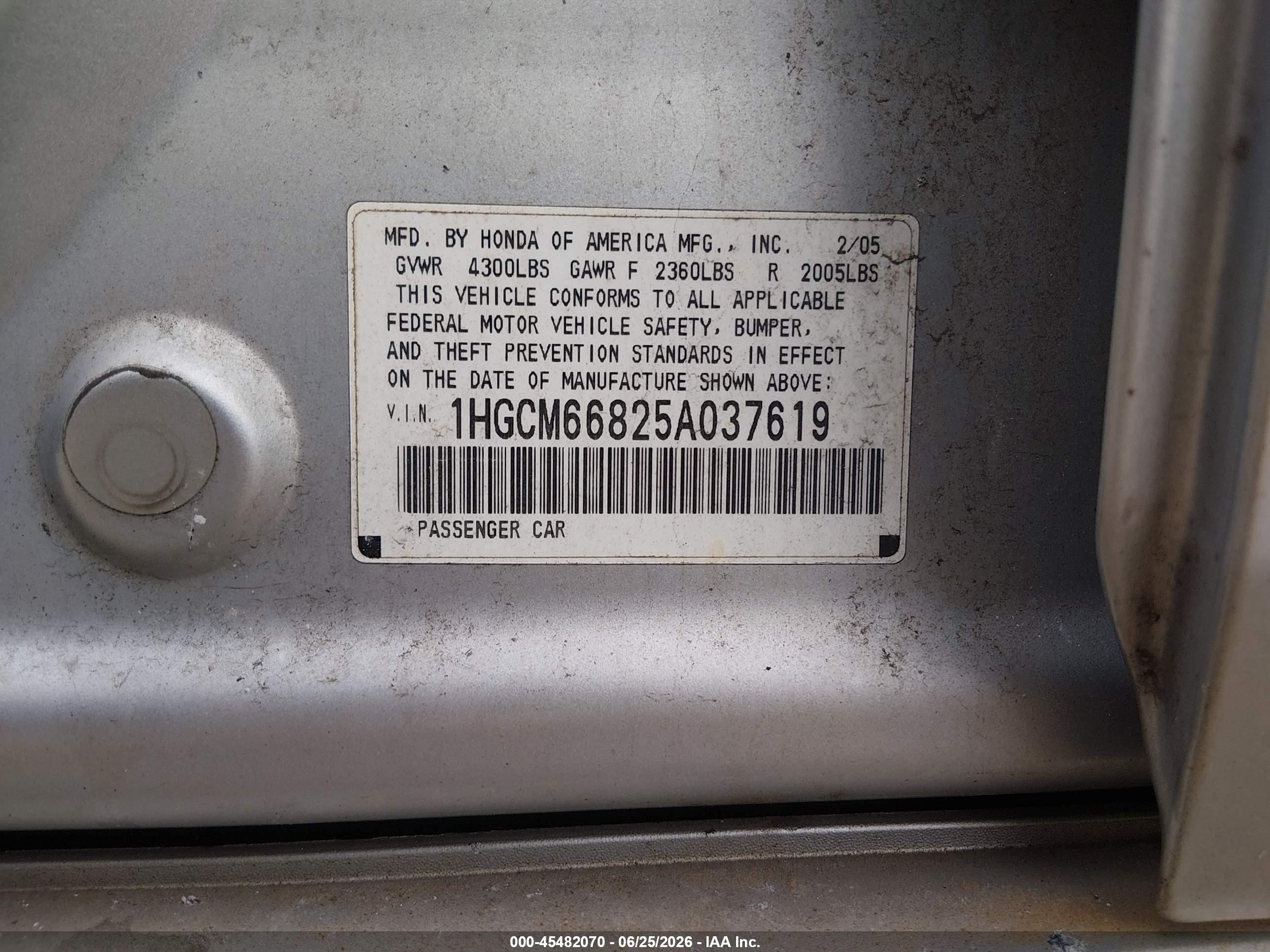 2005 Honda Accord 3.0 Ex Gray vin: 1HGCM66825A037619