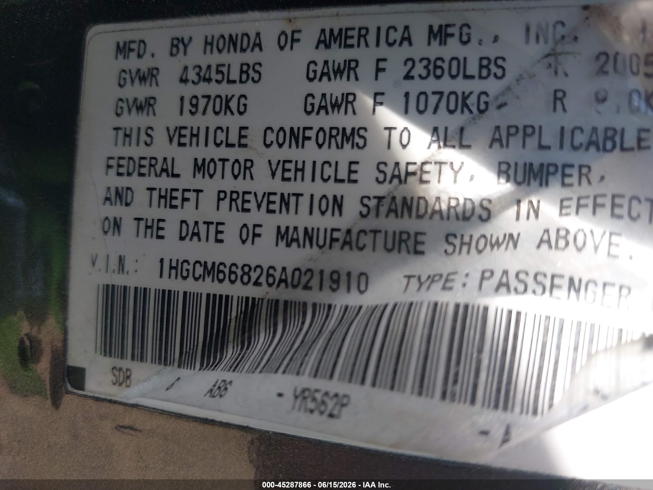 2006 Honda Accord 3.0 Ex Gray vin: 1HGCM66826A021910
