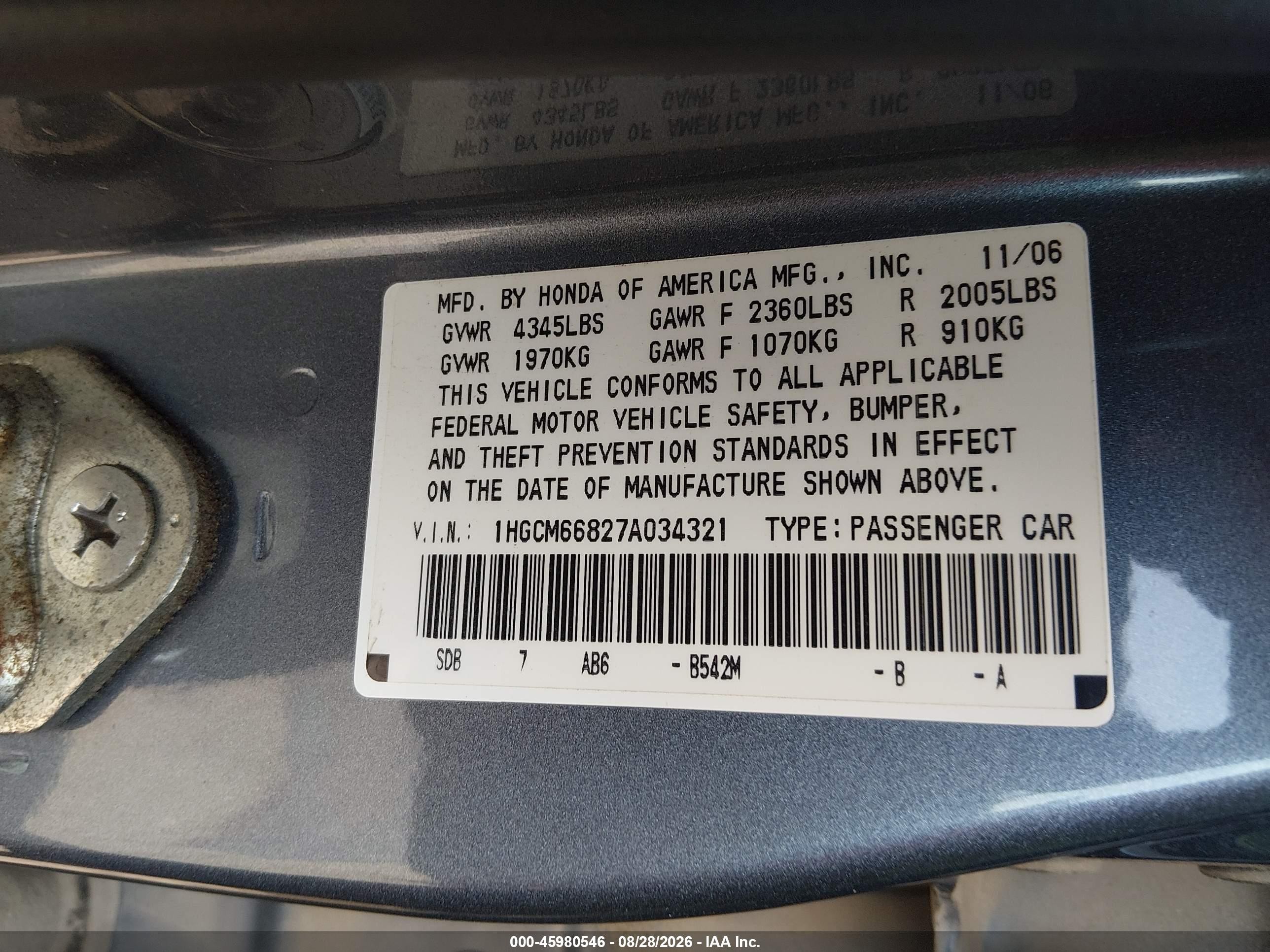 2007 Honda Accord 3.0 Ex Blue vin: 1HGCM66827A034321
