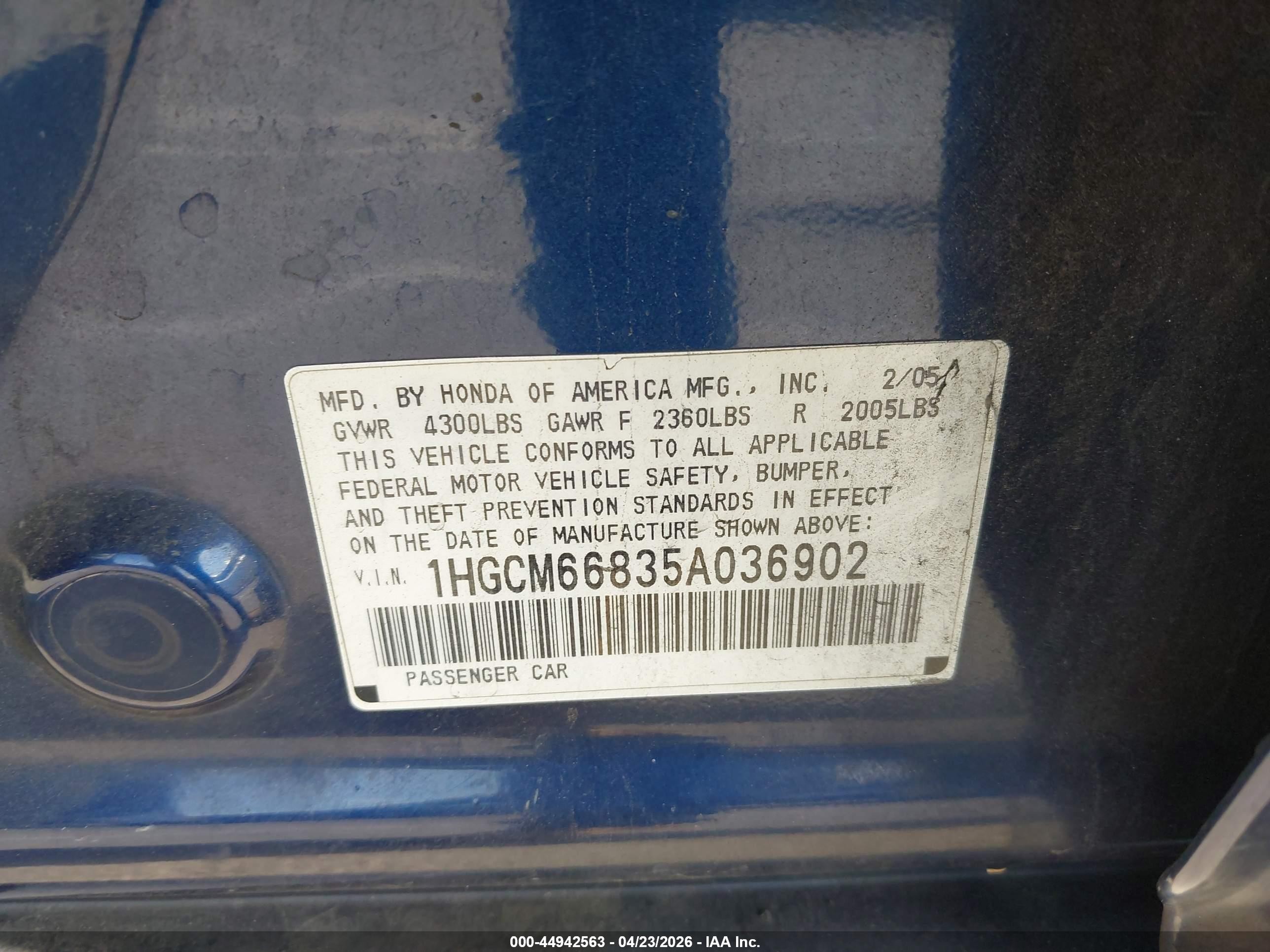 2005 Honda Accord 3.0 Ex Blue vin: 1HGCM66835A036902