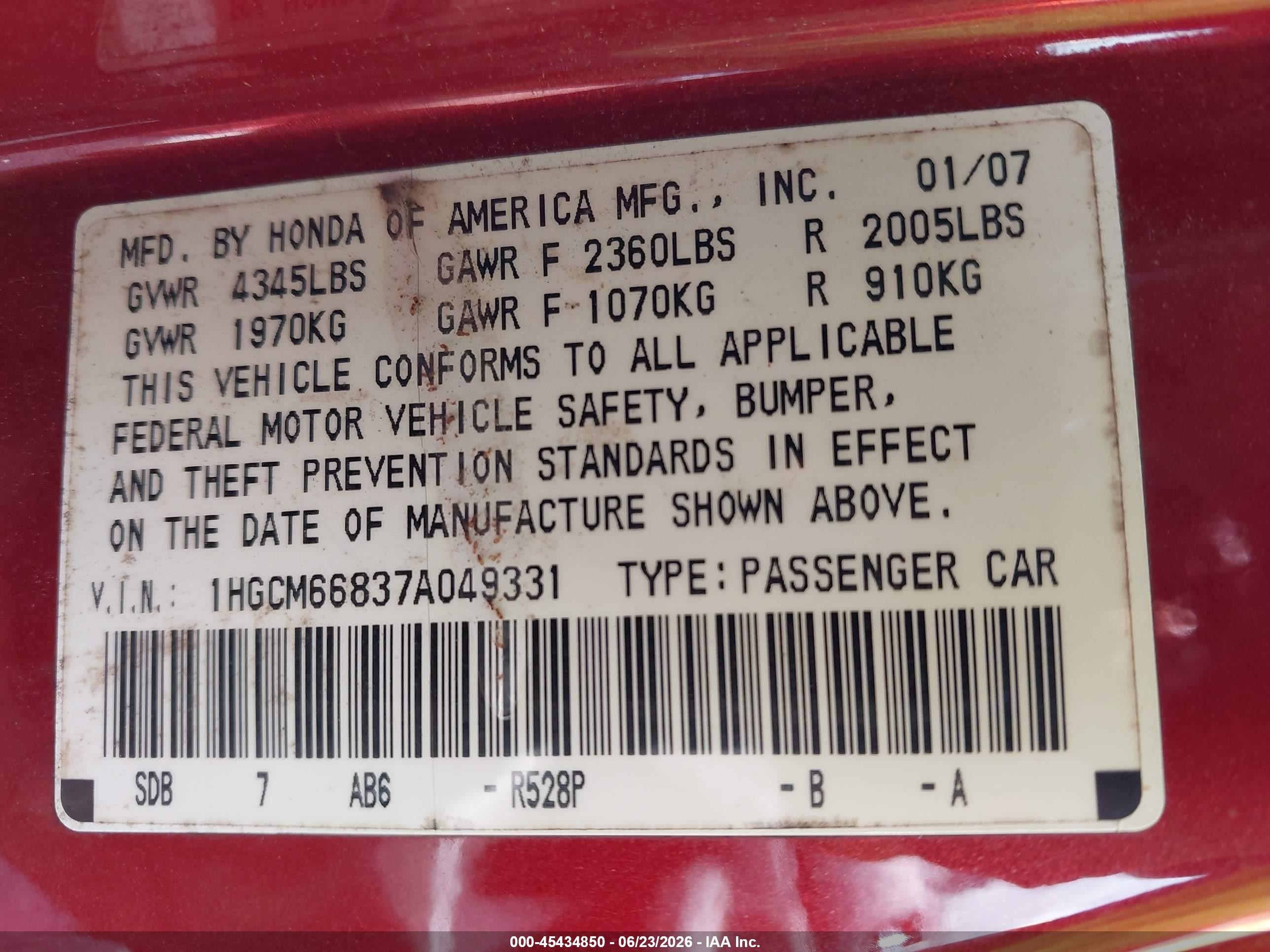 2007 Honda Accord 3.0 Ex Red vin: 1HGCM66837A049331