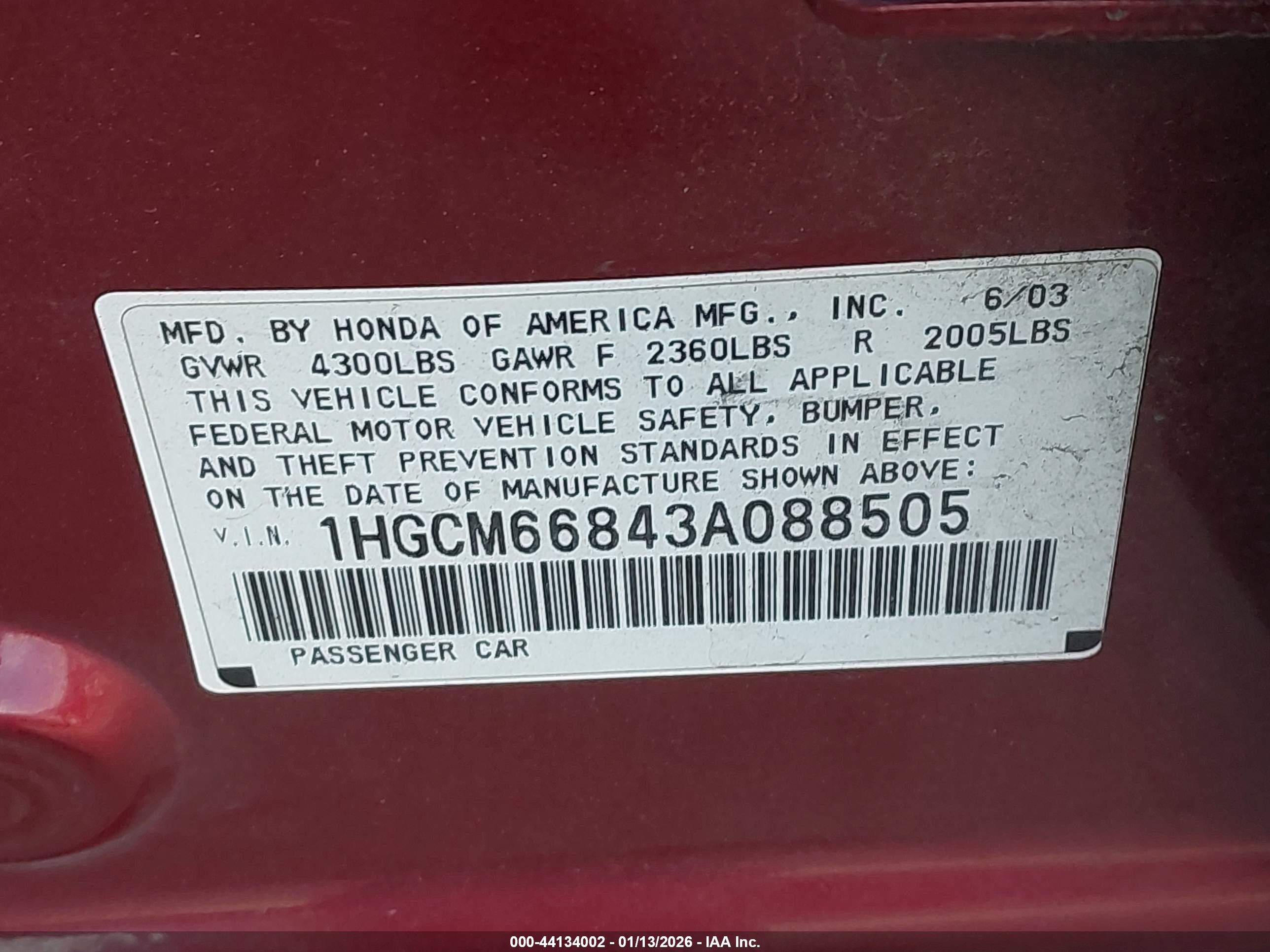 2003 Honda Accord Sdn Ex Burgundy vin: 1HGCM66843A088505