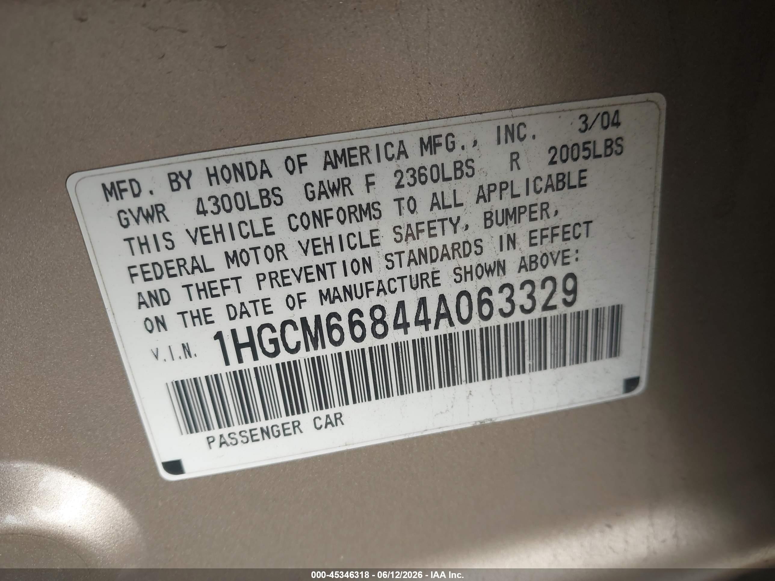 2004 Honda Accord 3.0 Ex Gold vin: 1HGCM66844A063329