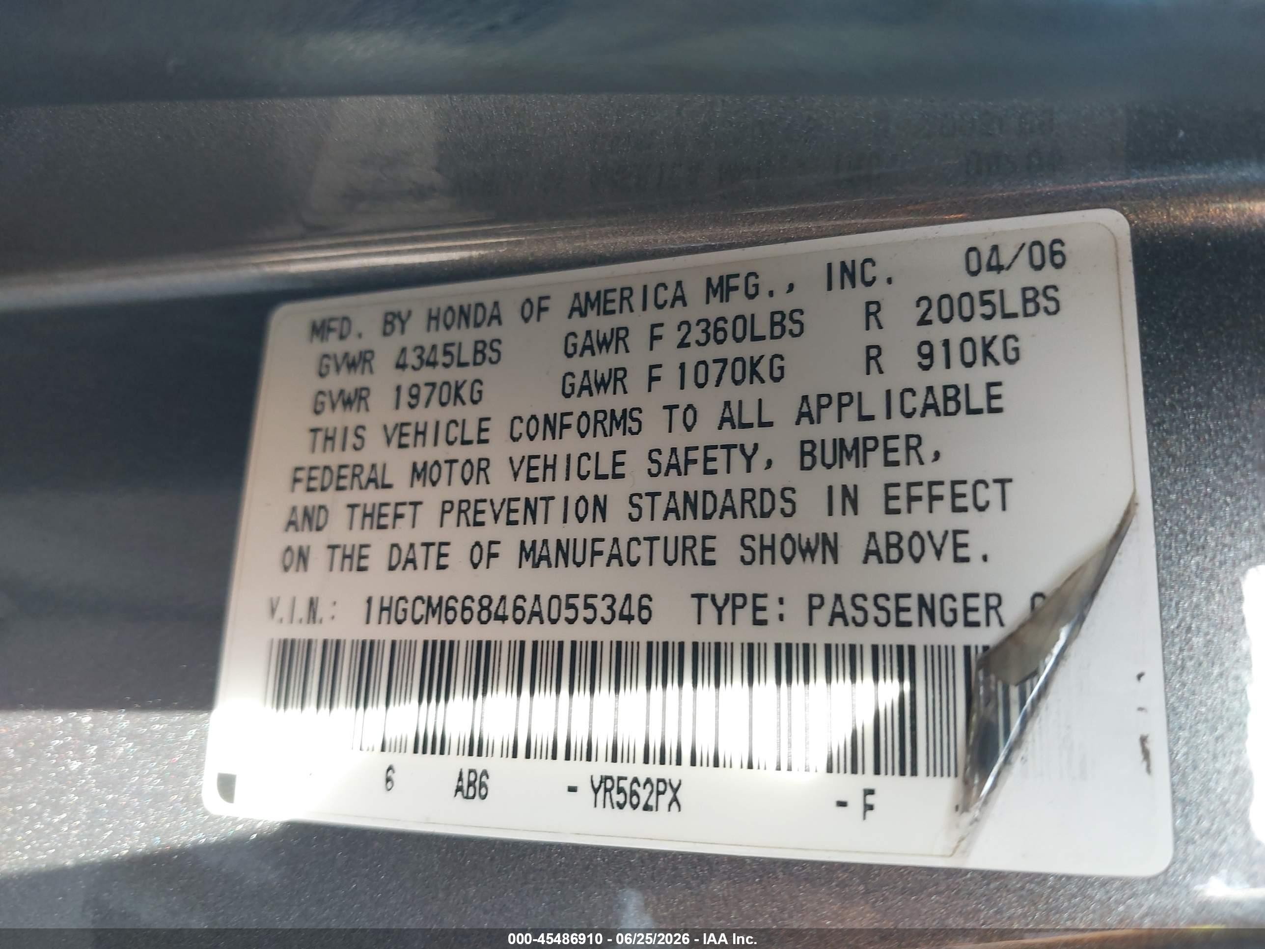 2006 Honda Accord 3.0 Ex Brown vin: 1HGCM66846A055346