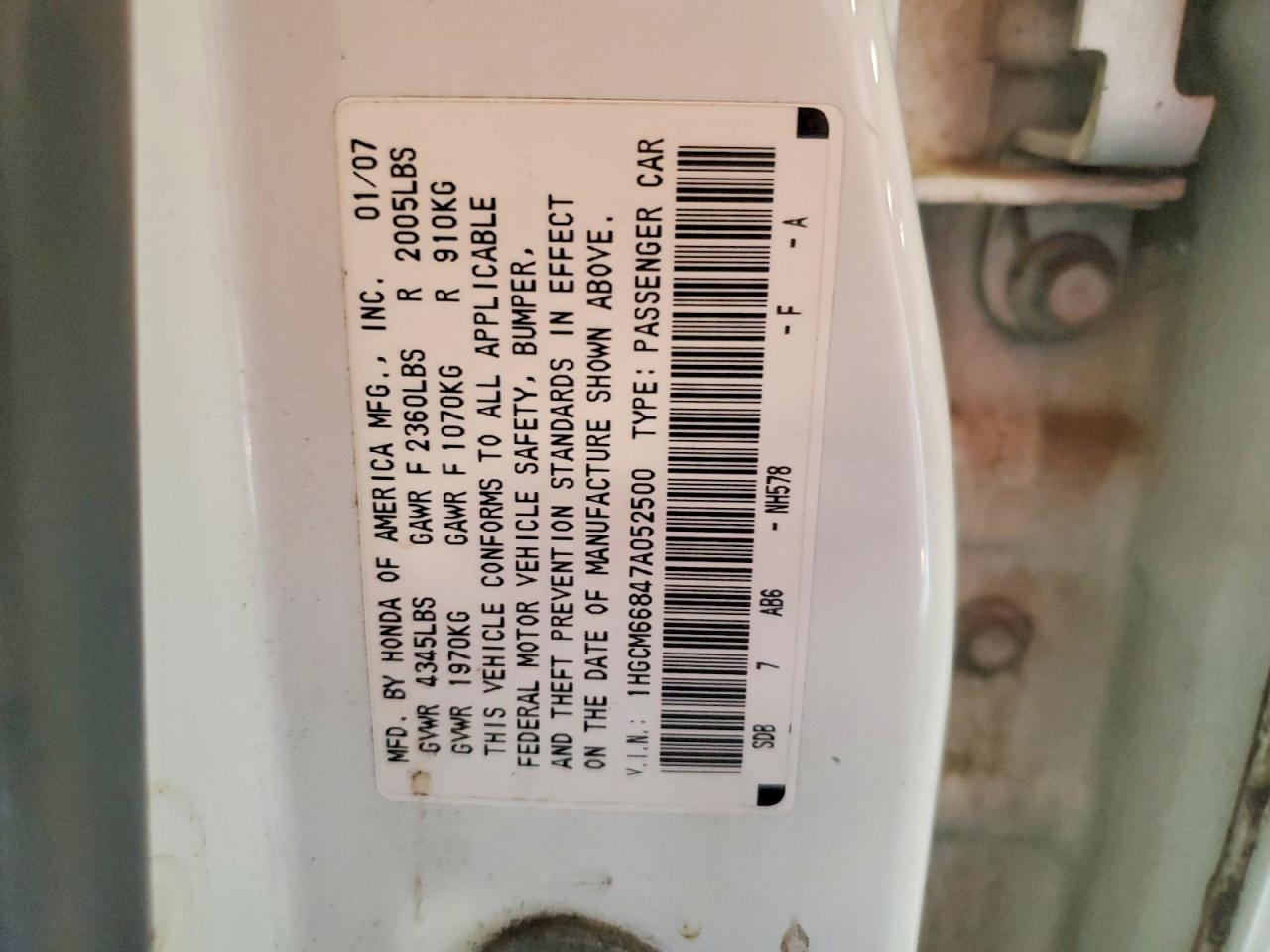 2007 Honda Accord Ex White vin: 1HGCM66847A052500