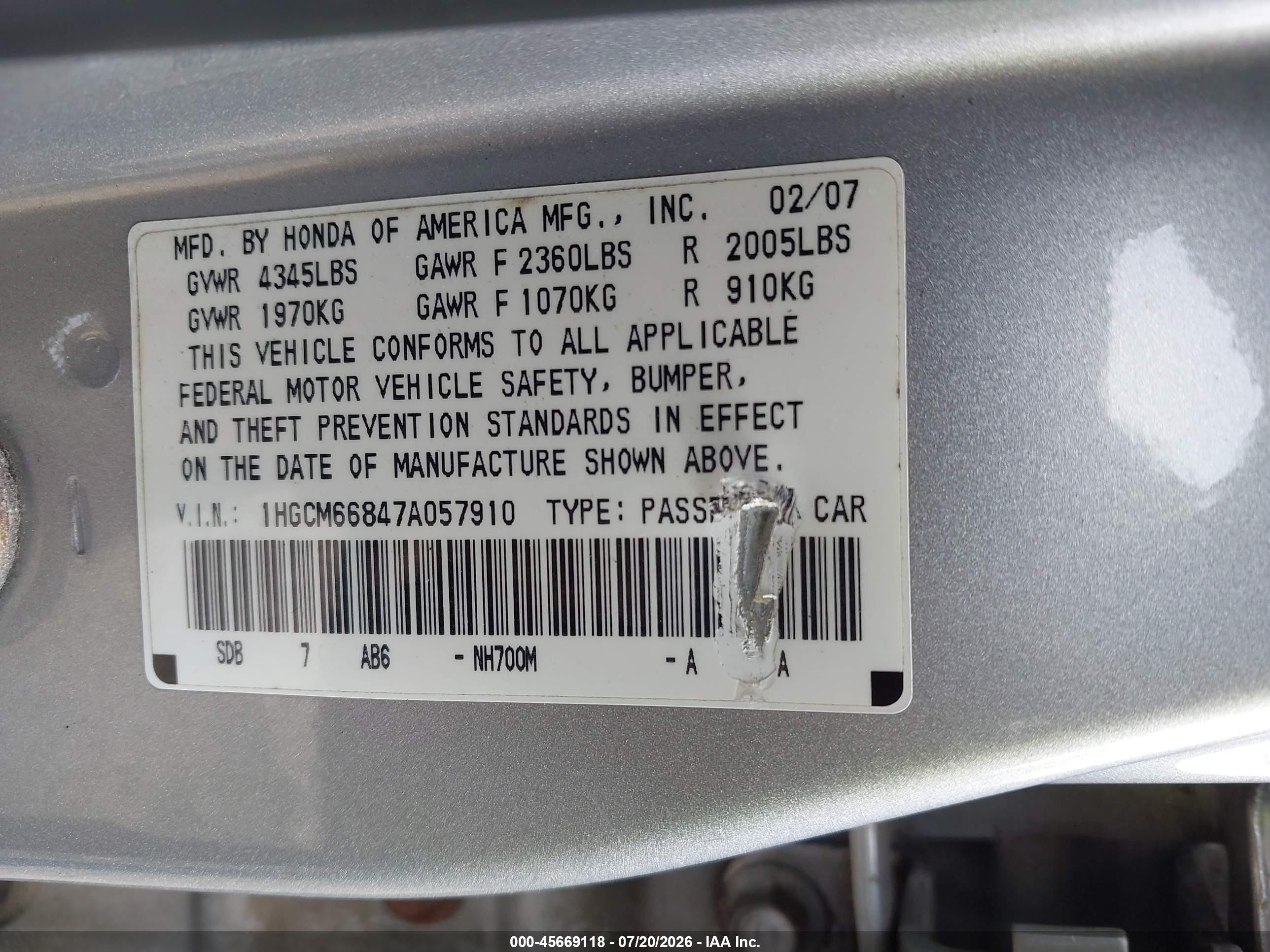 2007 Honda Accord 3.0 Ex Silver vin: 1HGCM66847A057910