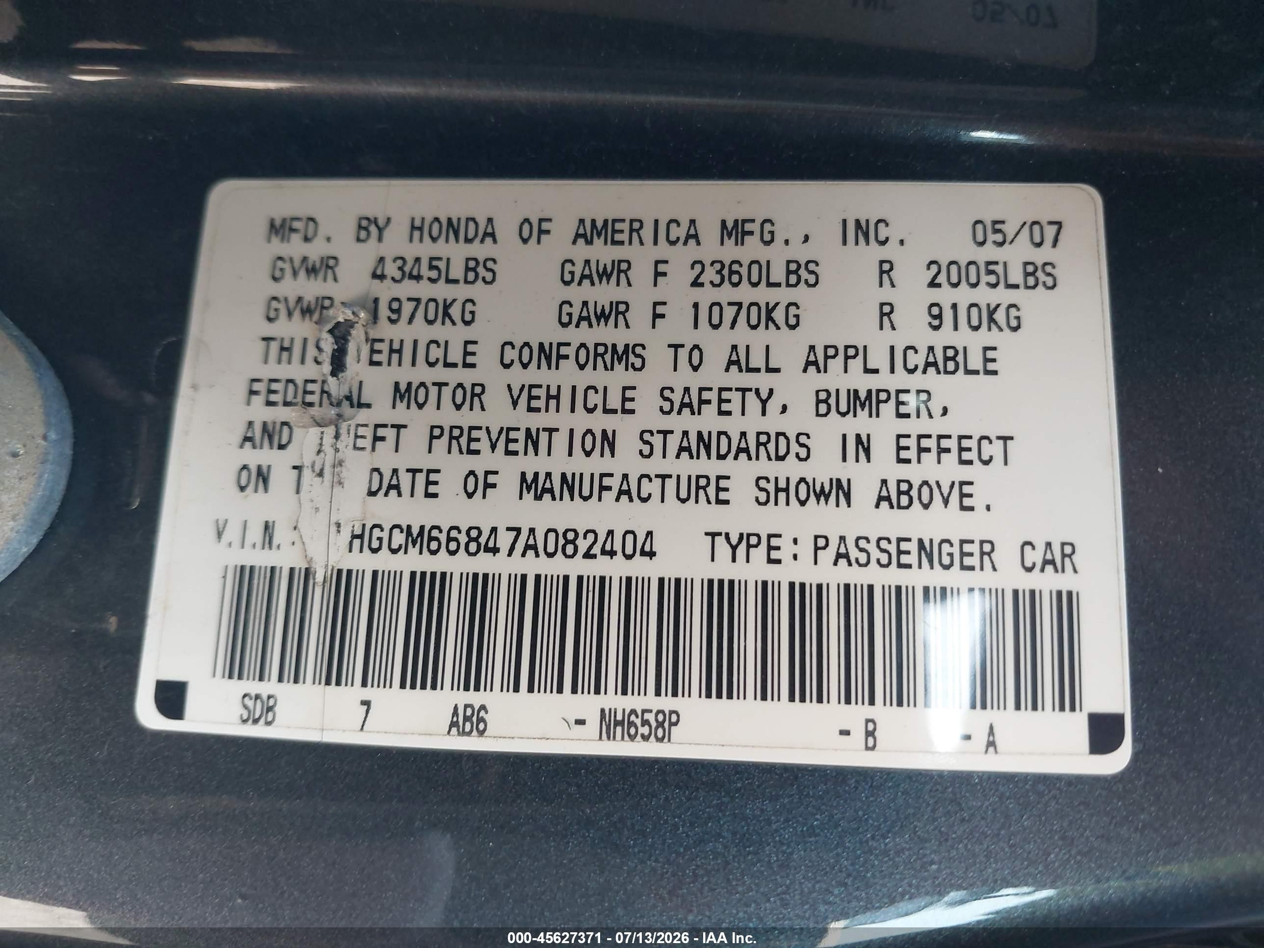 2007 Honda Accord 3.0 Ex Navy vin: 1HGCM66847A082404