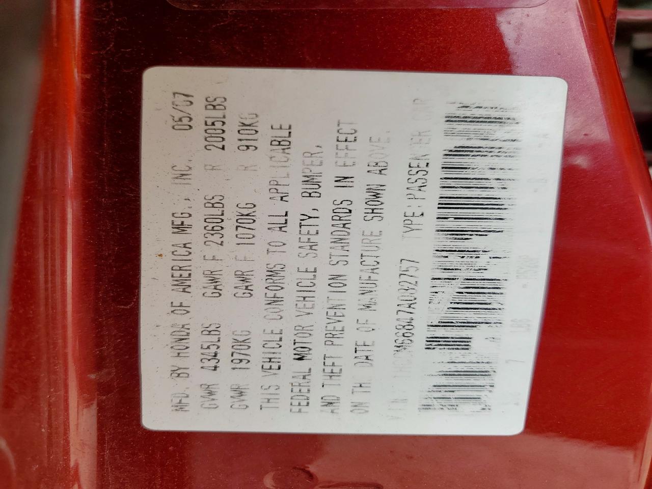 2007 Honda Accord Ex Burgundy vin: 1HGCM66847A082757