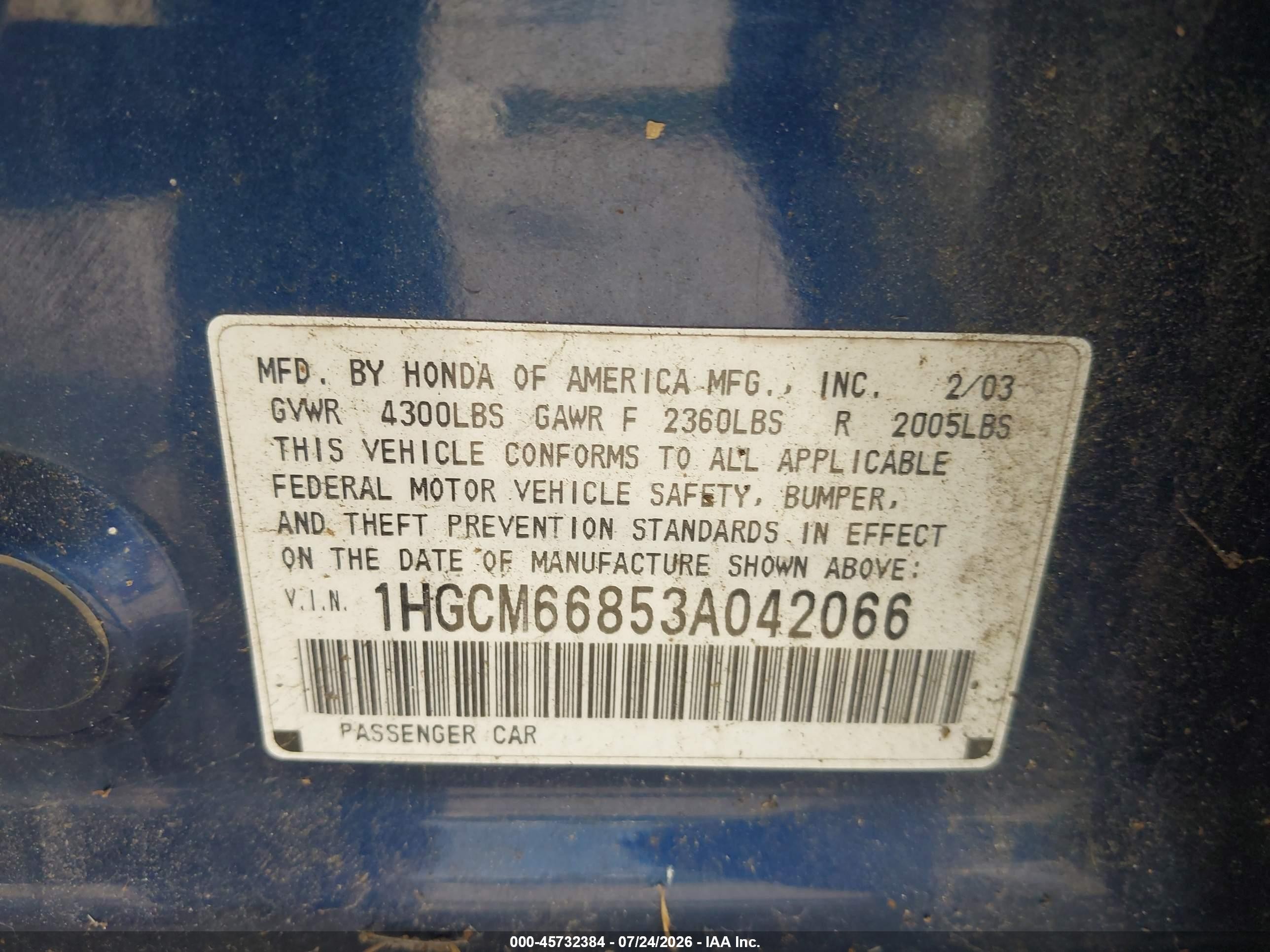 2003 Honda Accord 3.0 Ex Blue vin: 1HGCM66853A042066