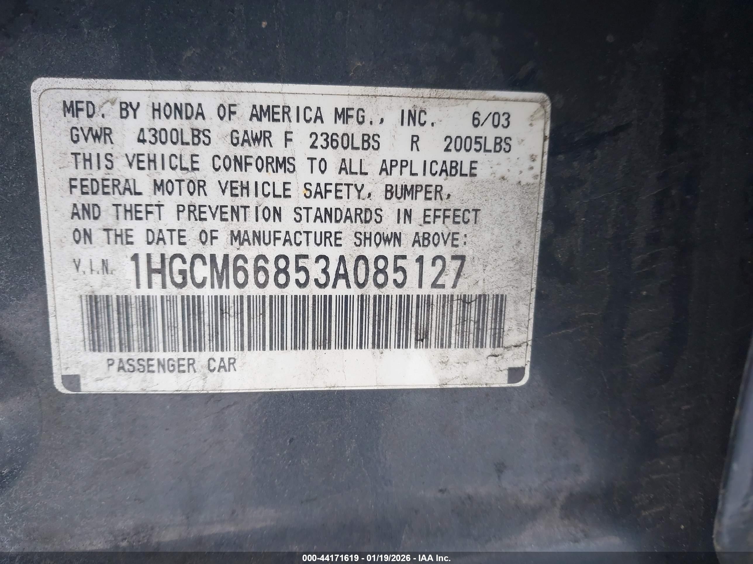 2003 Honda Accord Sdn Ex Black vin: 1HGCM66853A085127