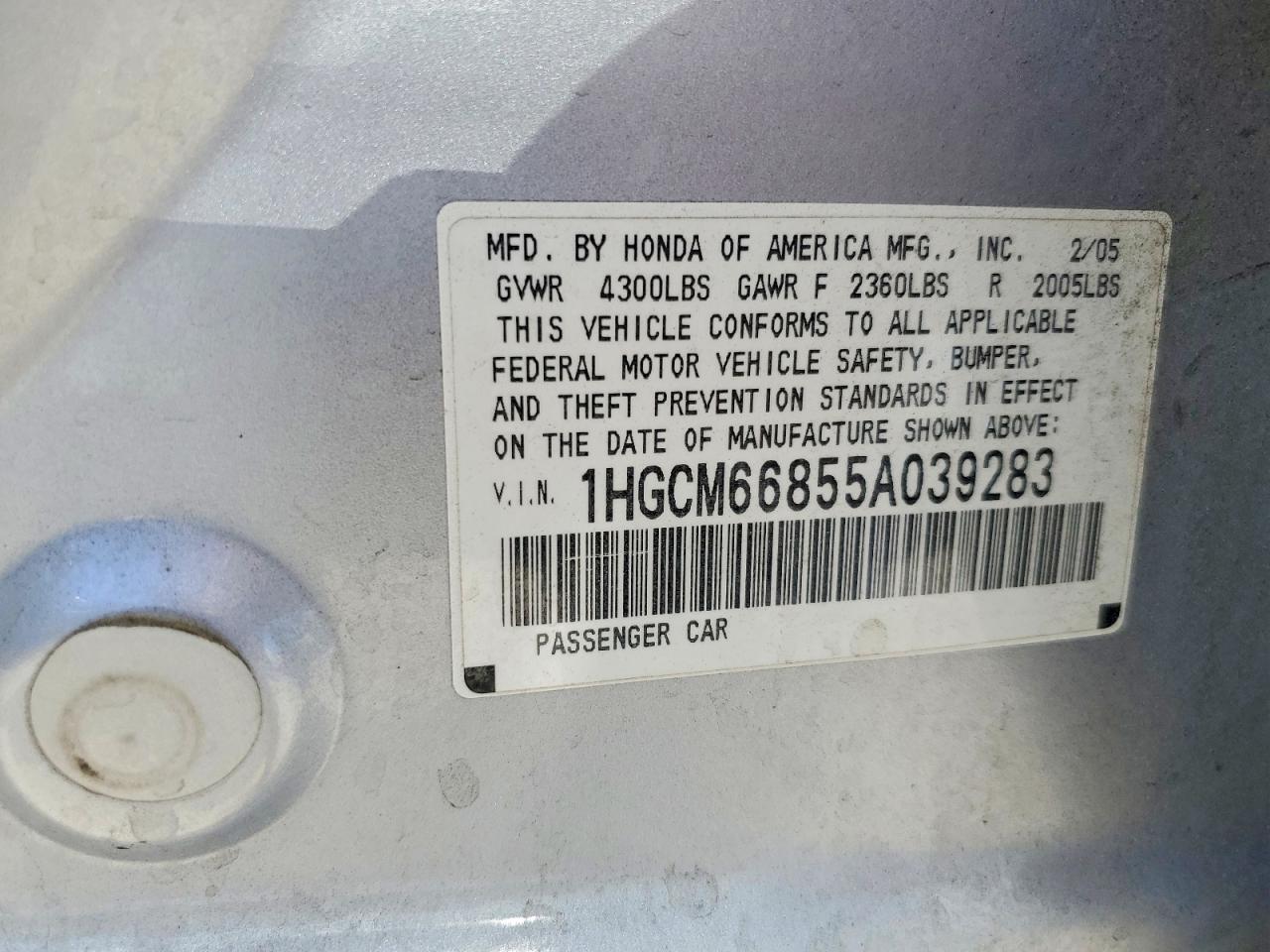 2005 Honda Accord Ex Серебряный vin: 1HGCM66855A039283