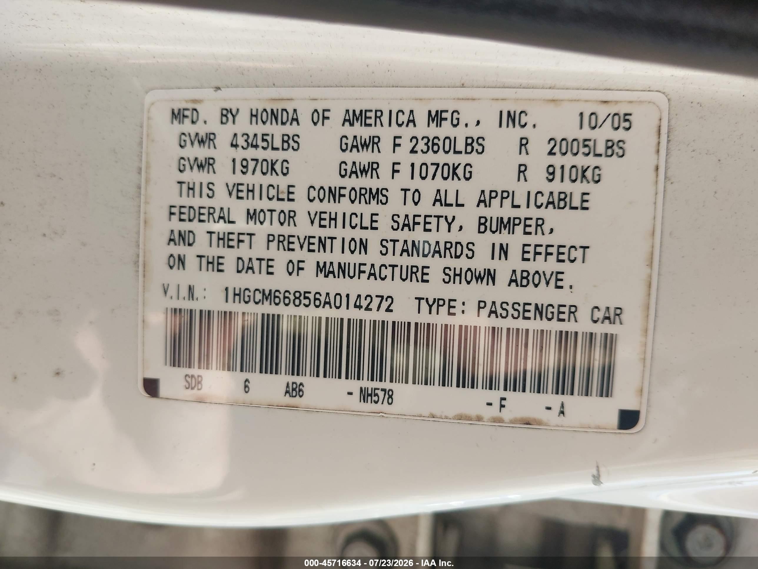 2006 Honda Accord 3.0 Ex White vin: 1HGCM66856A014272