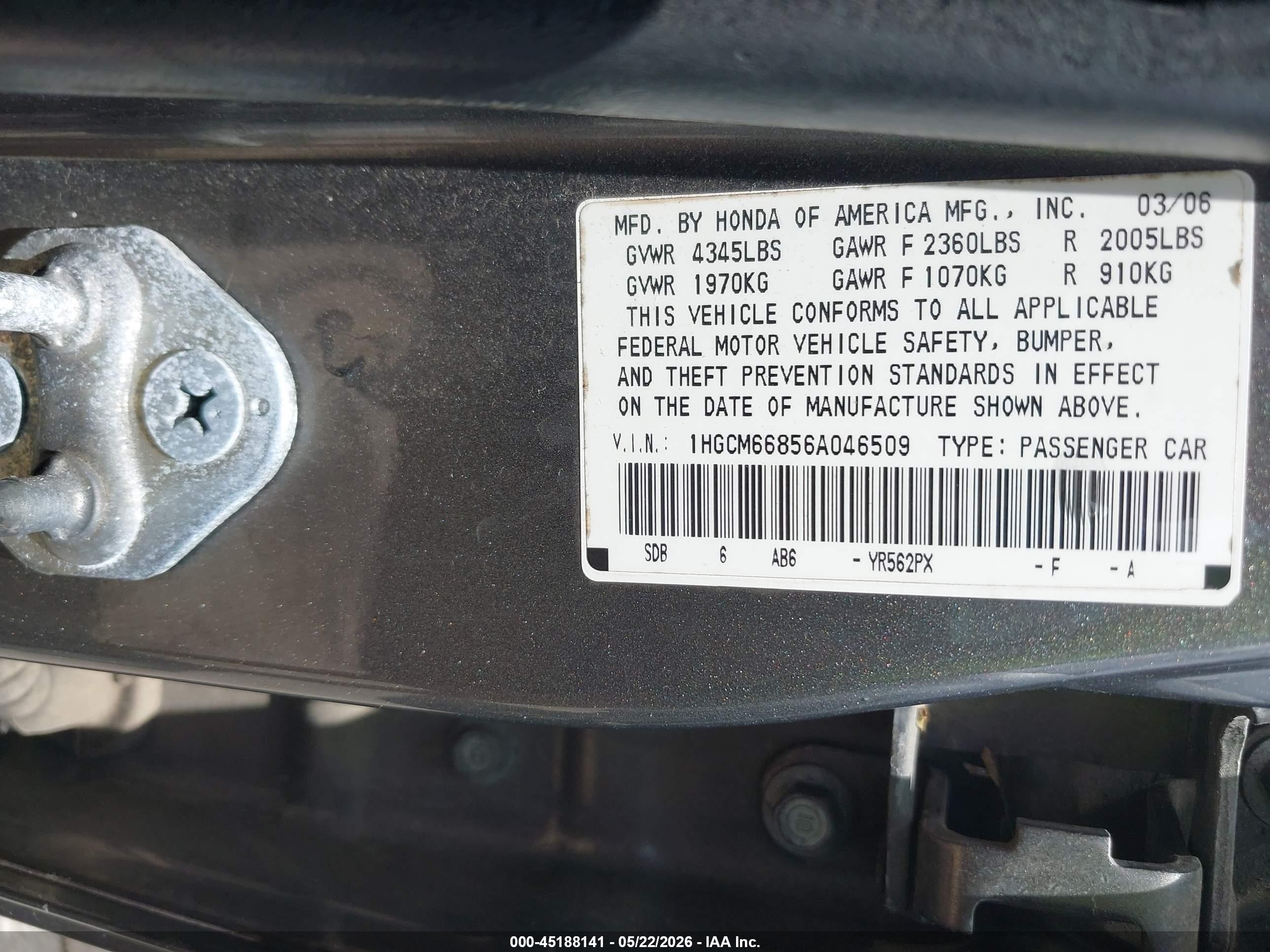 2006 Honda Accord 3.0 Ex Gray vin: 1HGCM66856A046509