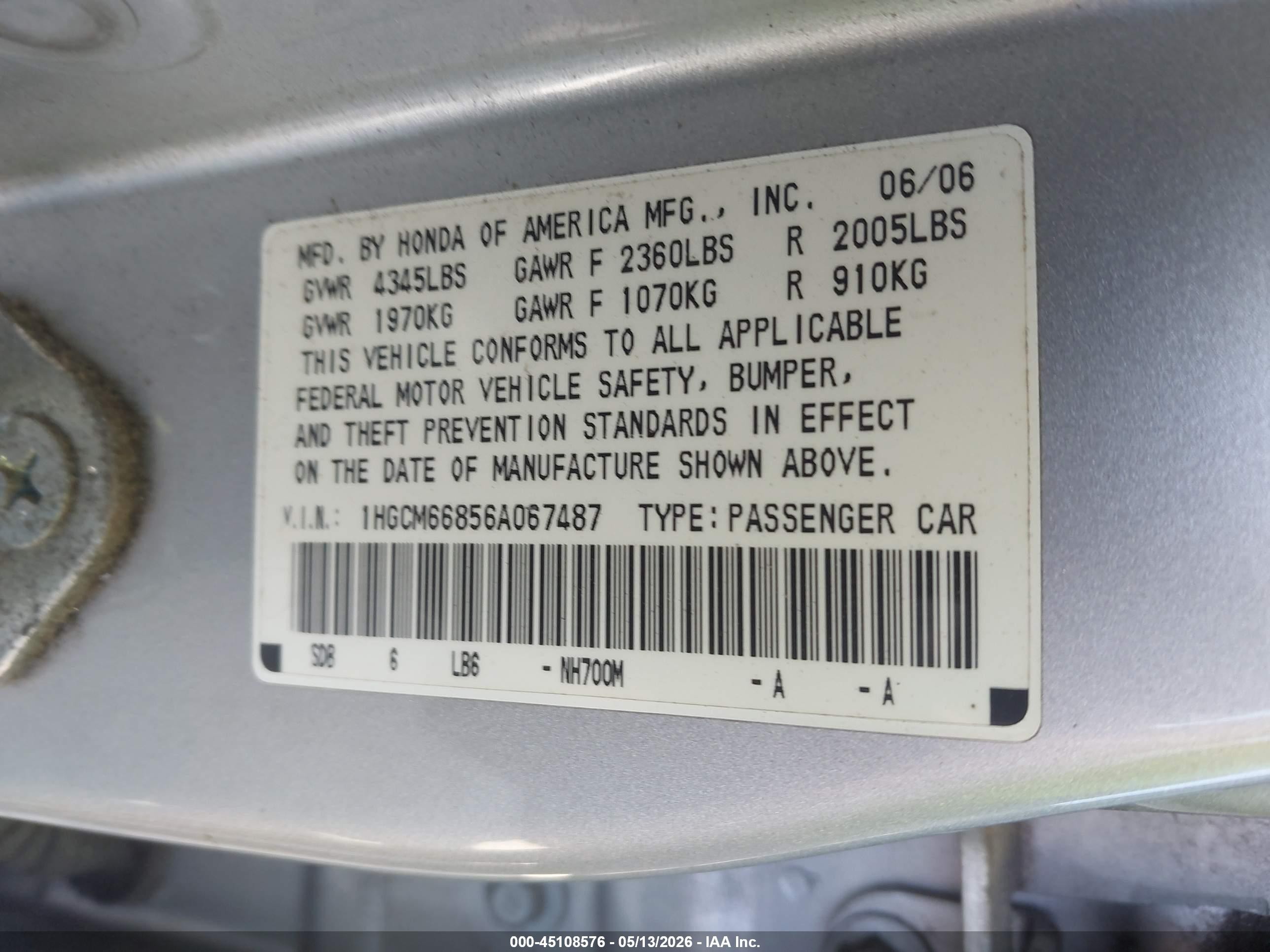 2006 Honda Accord 3.0 Ex Silver vin: 1HGCM66856A067487