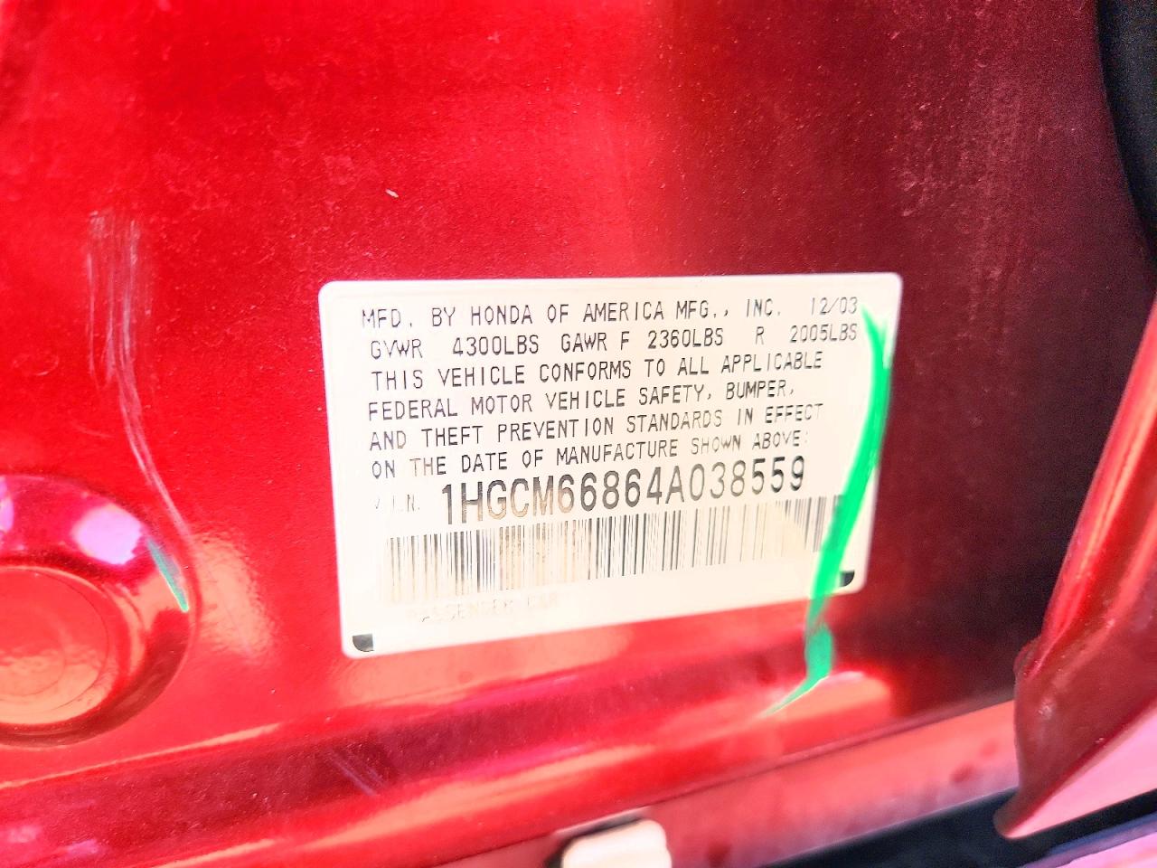 2004 Honda Accord Ex Red vin: 1HGCM66864A038559
