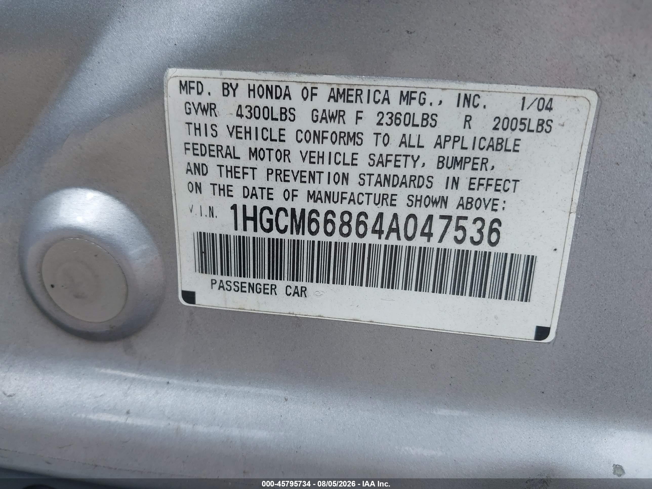 2004 Honda Accord 3.0 Ex Silver vin: 1HGCM66864A047536