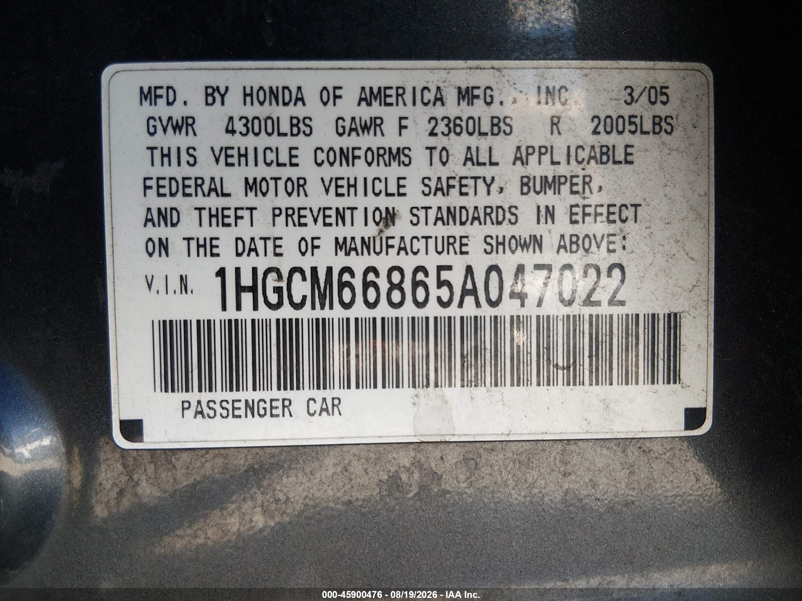 2005 Honda Accord 3.0 Ex Черный vin: 1HGCM66865A047022
