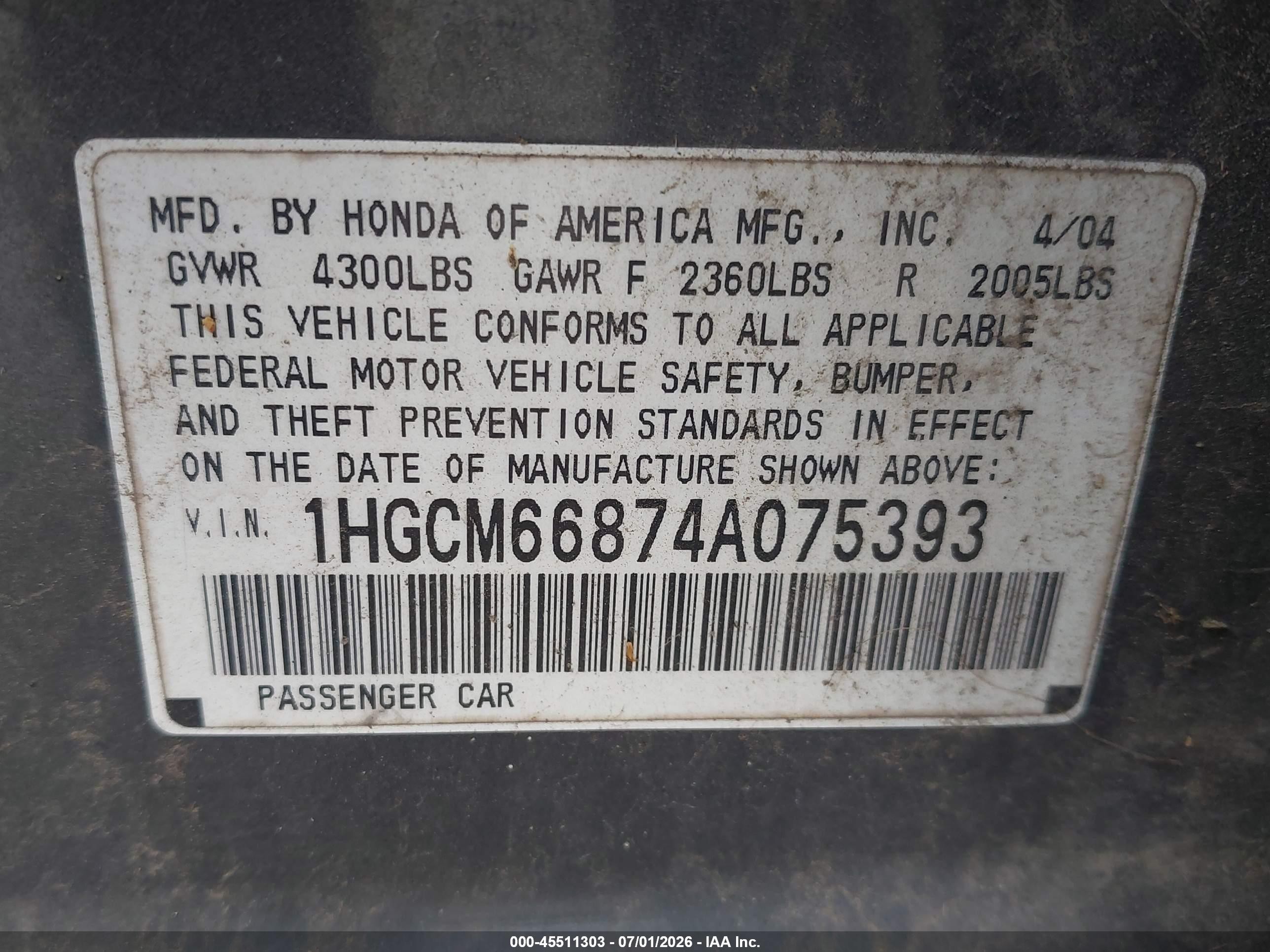 2004 Honda Accord 3.0 Ex Gray vin: 1HGCM66874A075393