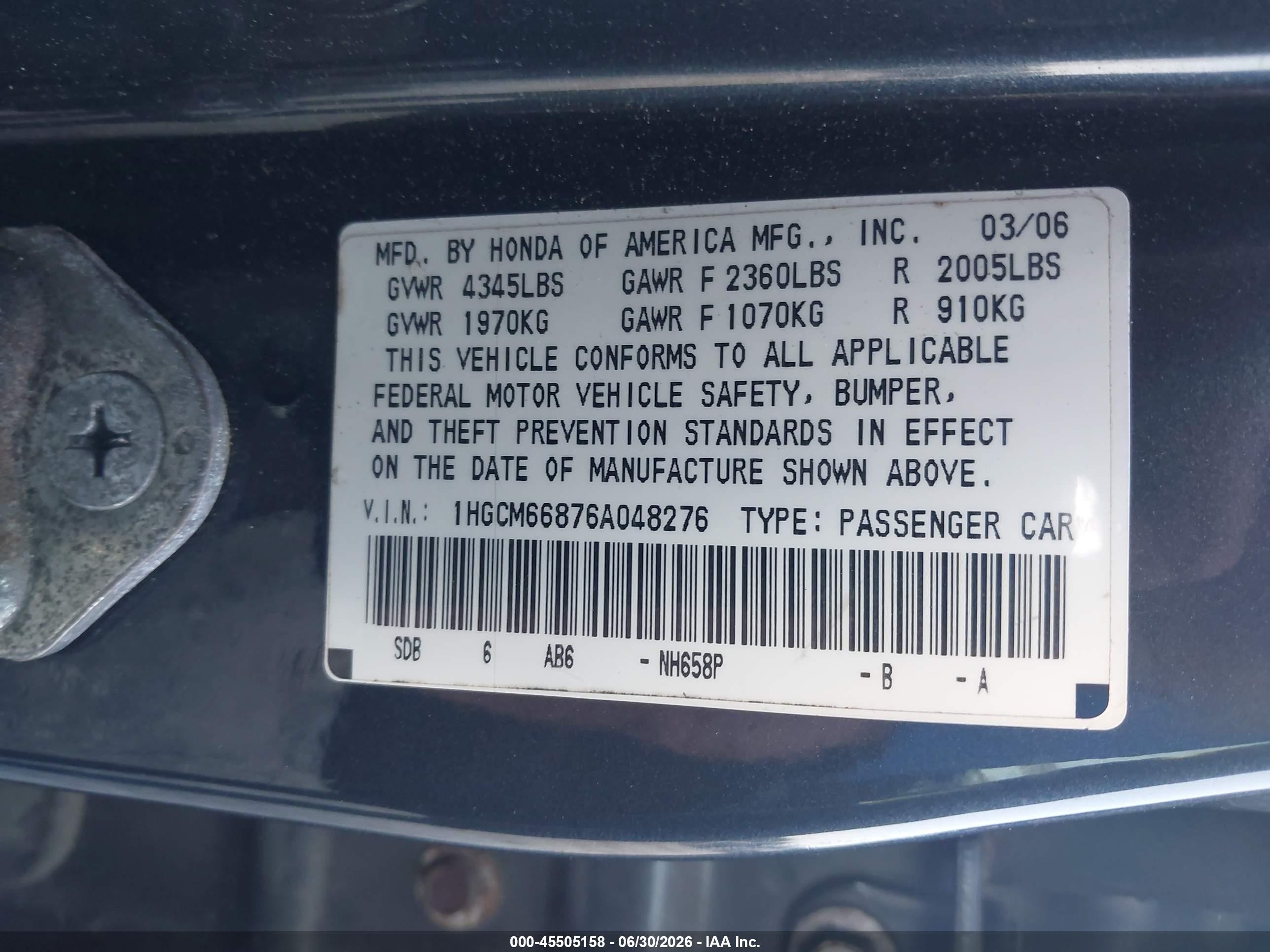 2006 Honda Accord 3.0 Ex Gray vin: 1HGCM66876A048276