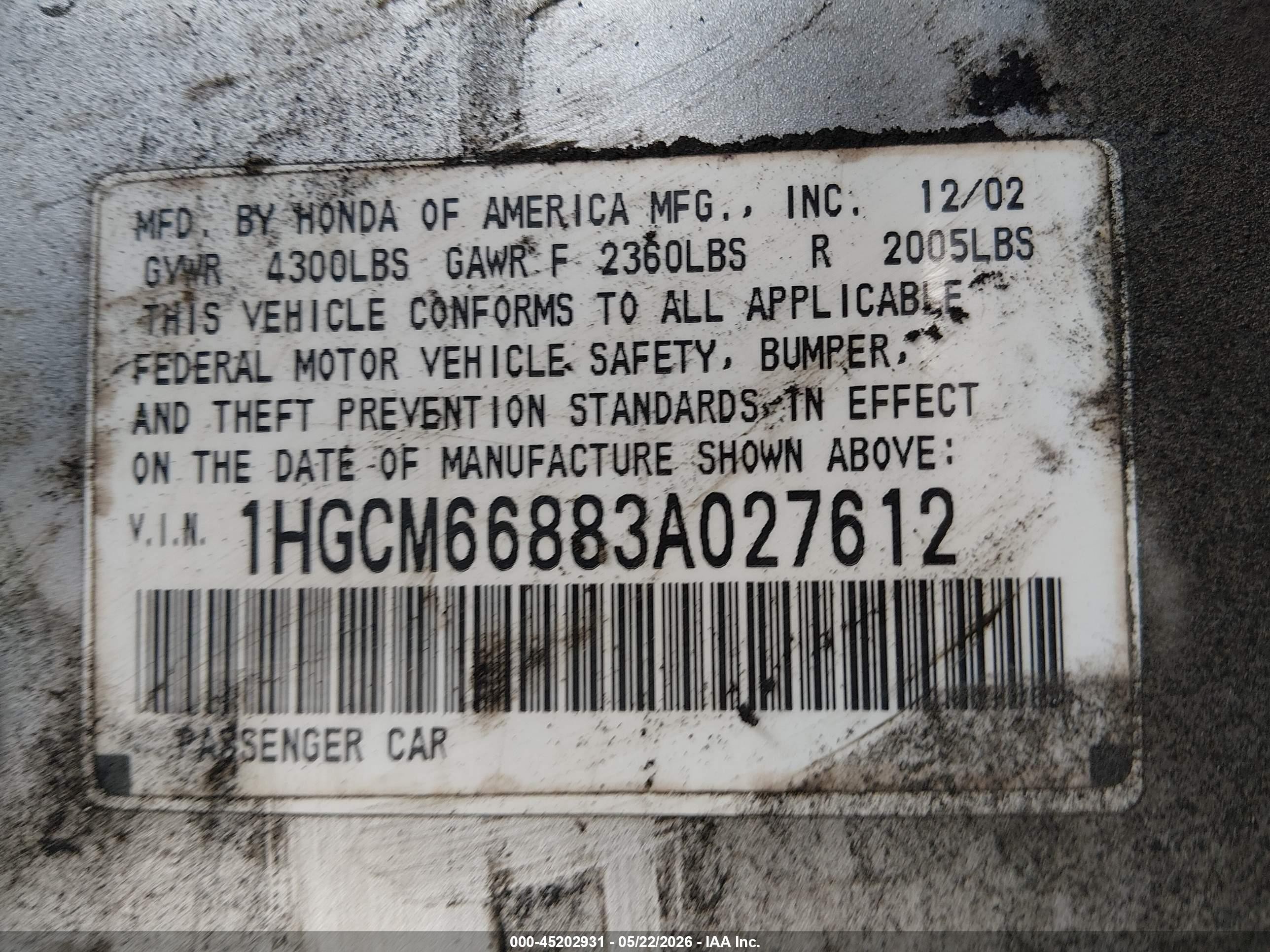 2003 Honda Accord 3.0 Ex Silver vin: 1HGCM66883A027612