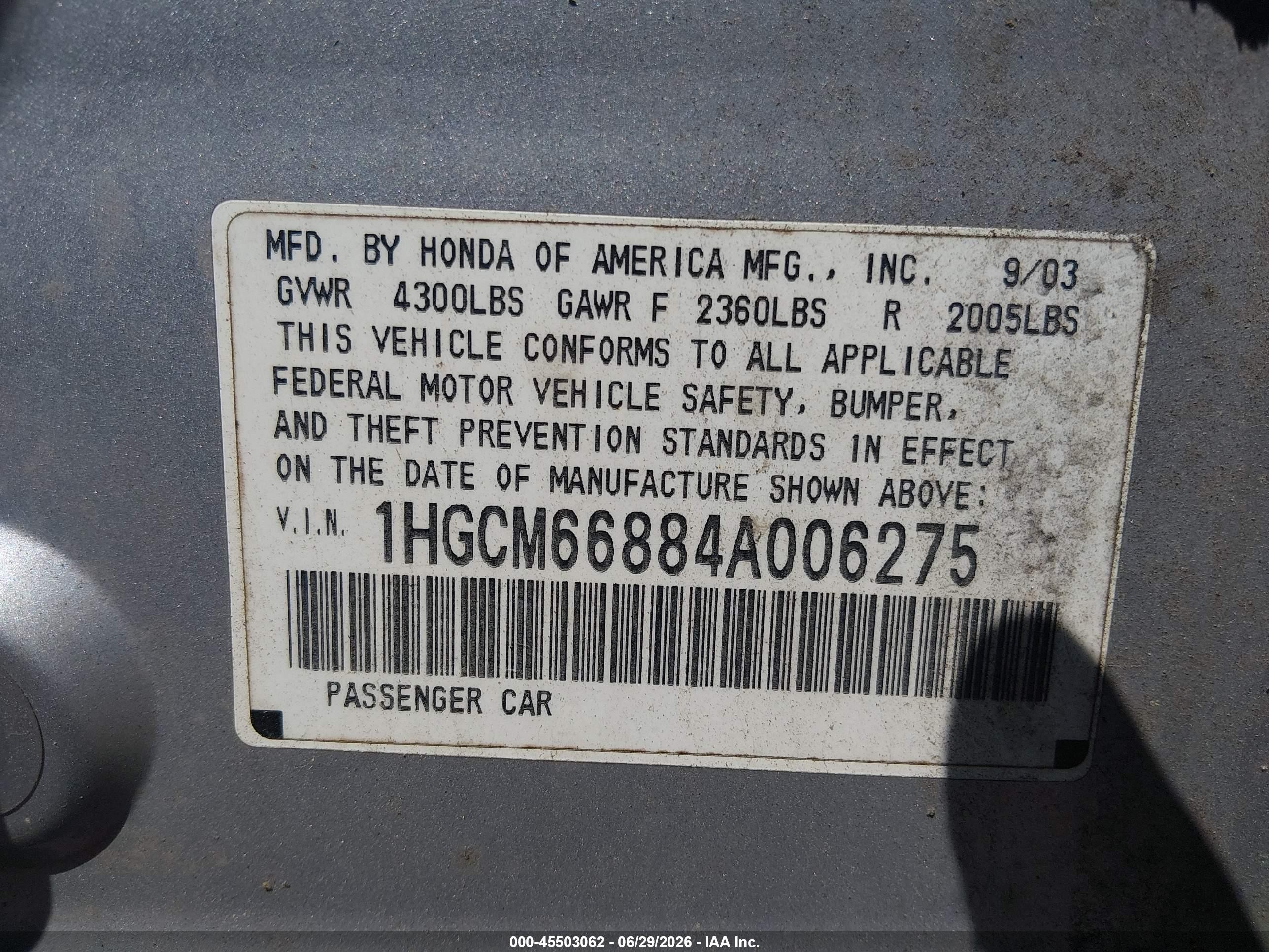 2004 Honda Accord 3.0 Ex Silver vin: 1HGCM66884A006275