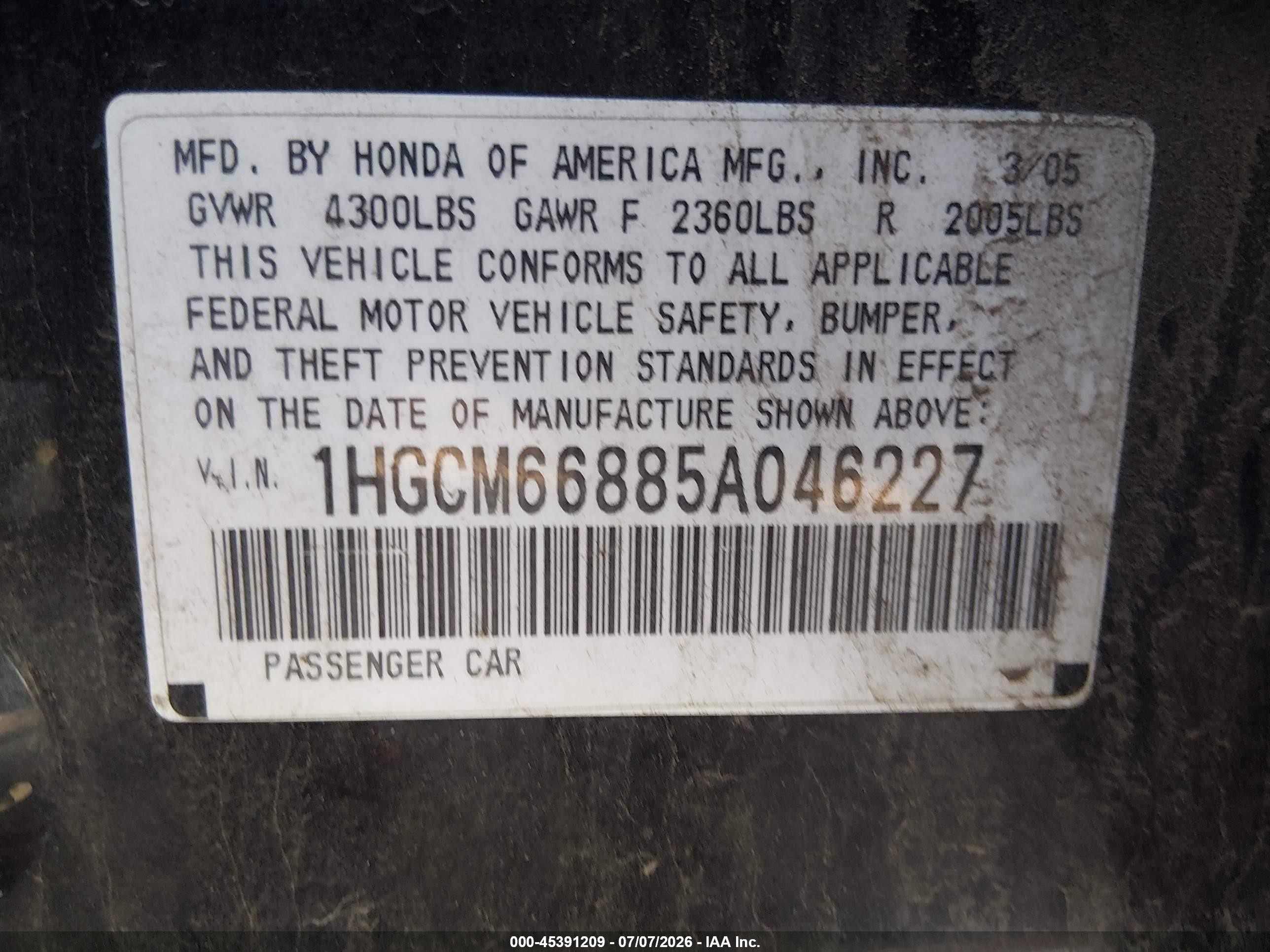 2005 Honda Accord 3.0 Ex Black vin: 1HGCM66885A046227